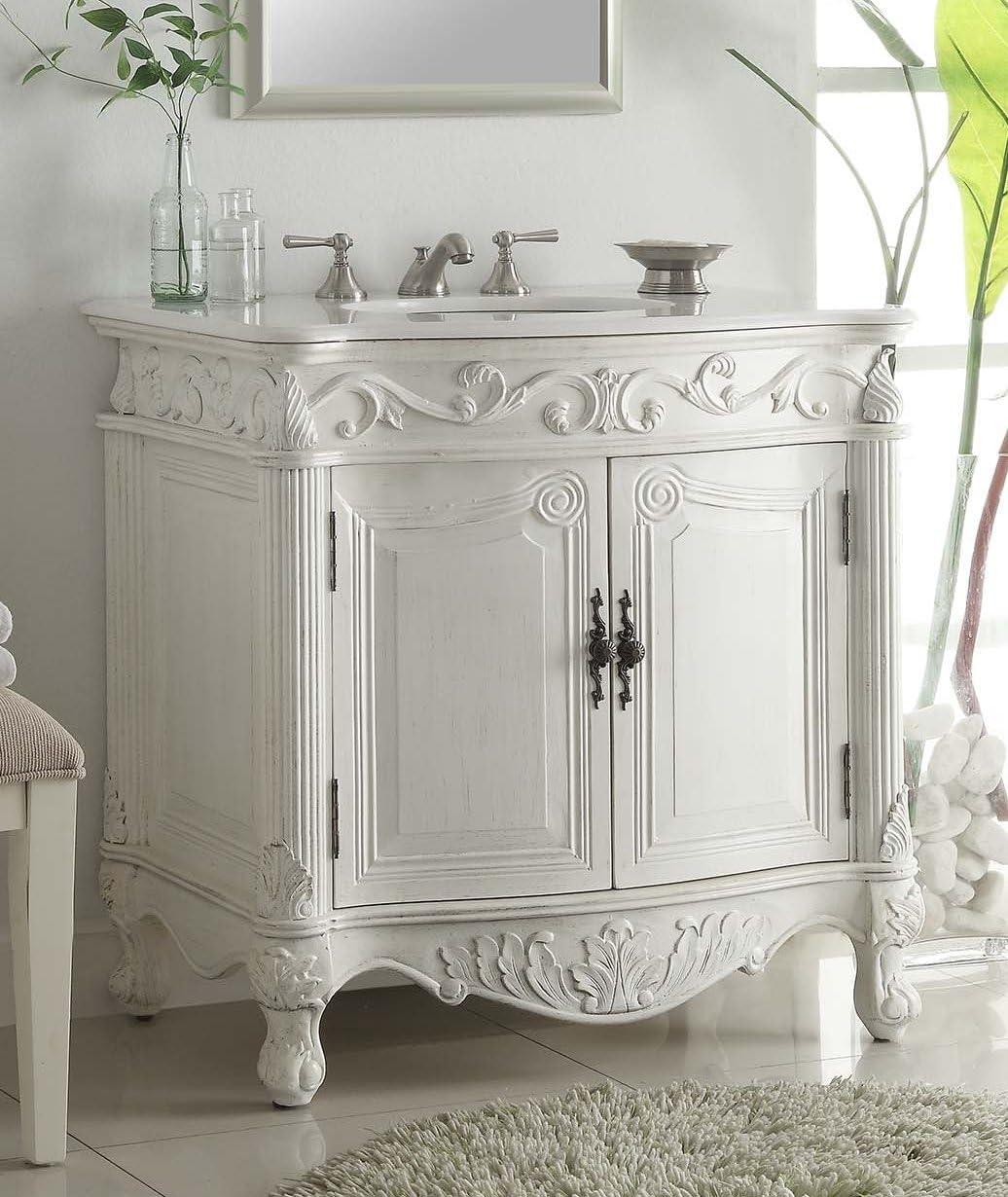 32'' Antique White Marble Top Traditional Bathroom Vanity