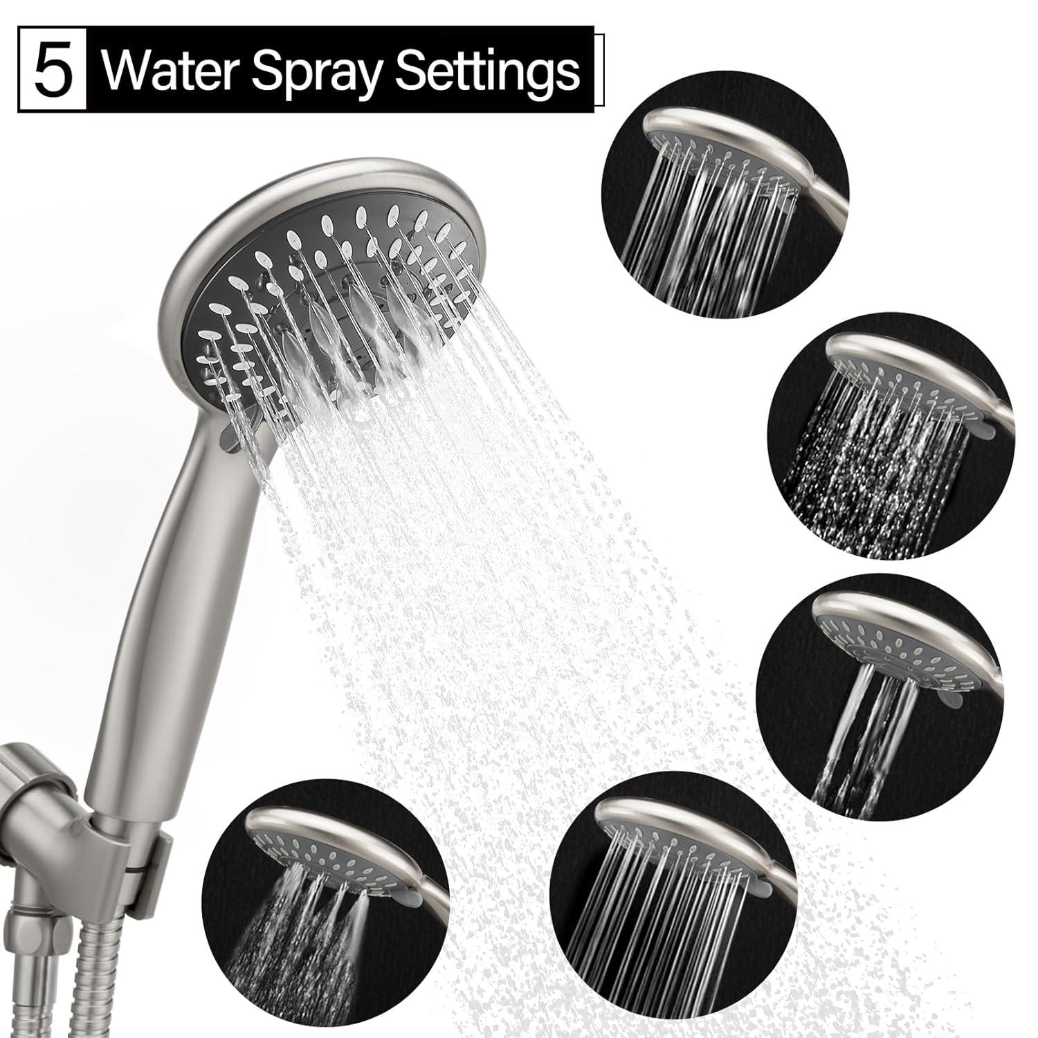 High Pressure Handheld Shower Head Briout 5-Settings Powerful Water Spray Shower Head against Low Pressure Water Flow with Stainless Hose and Adjustable Mount