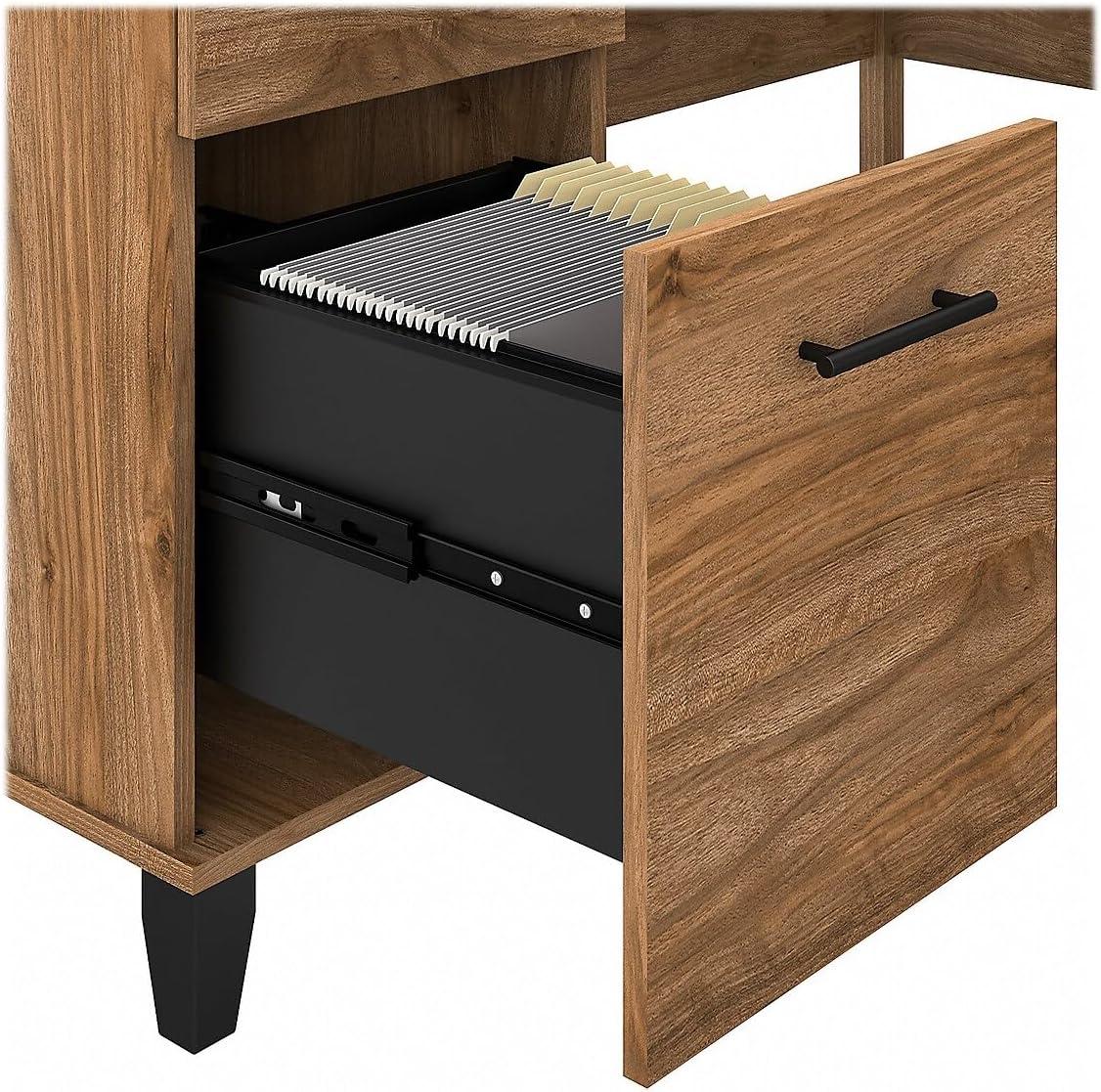Bush Furniture Somerset 60 in L Desk with Keyboard Tray, File Drawer, Box Drawer and Storage Cabinet in Fresh Walnut (Ships in 2 Boxes)