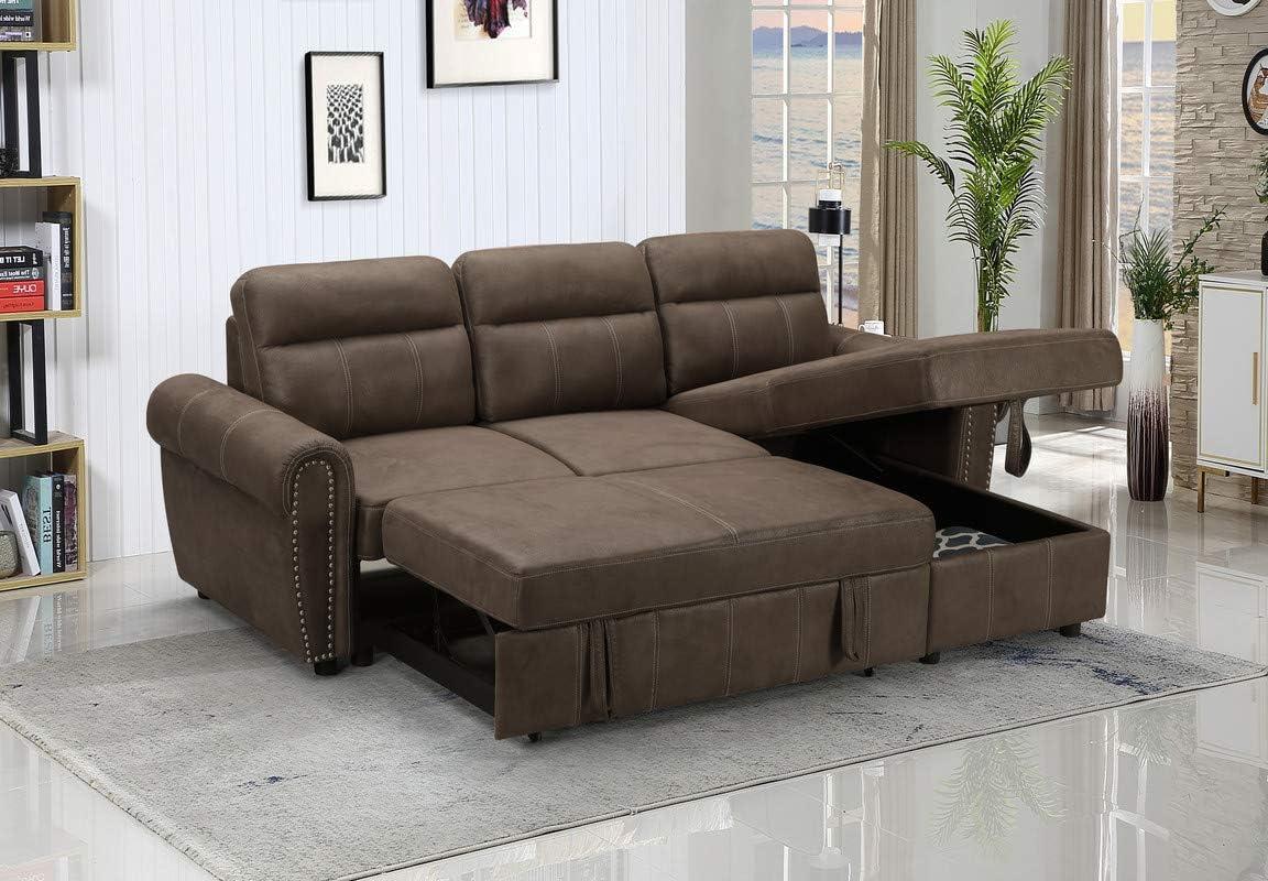 Ashton Microfiber Reversible Sleeper Sectional Sofa - Brown