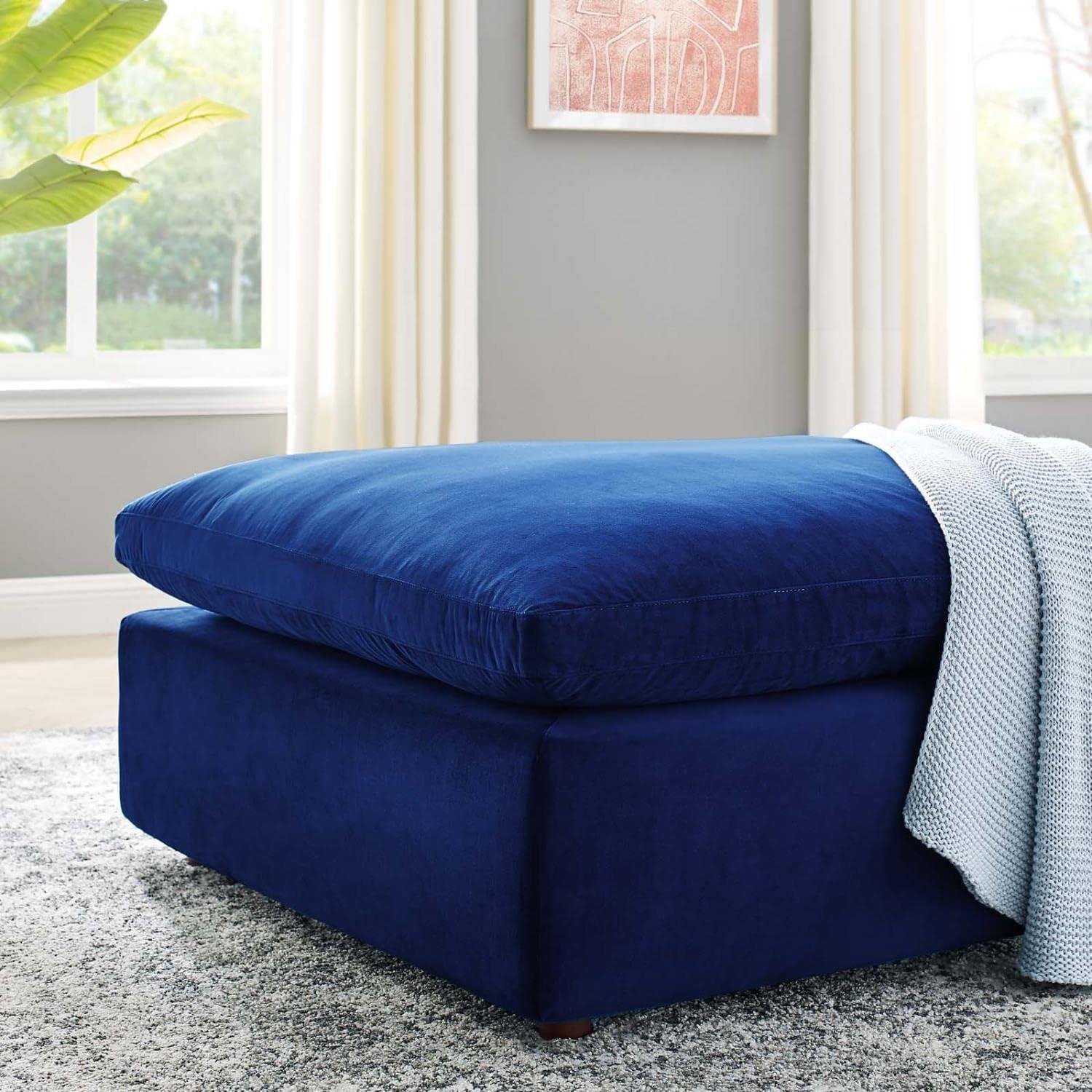 Luxurious Navy Performance Velvet Overstuffed Ottoman with Down Fill