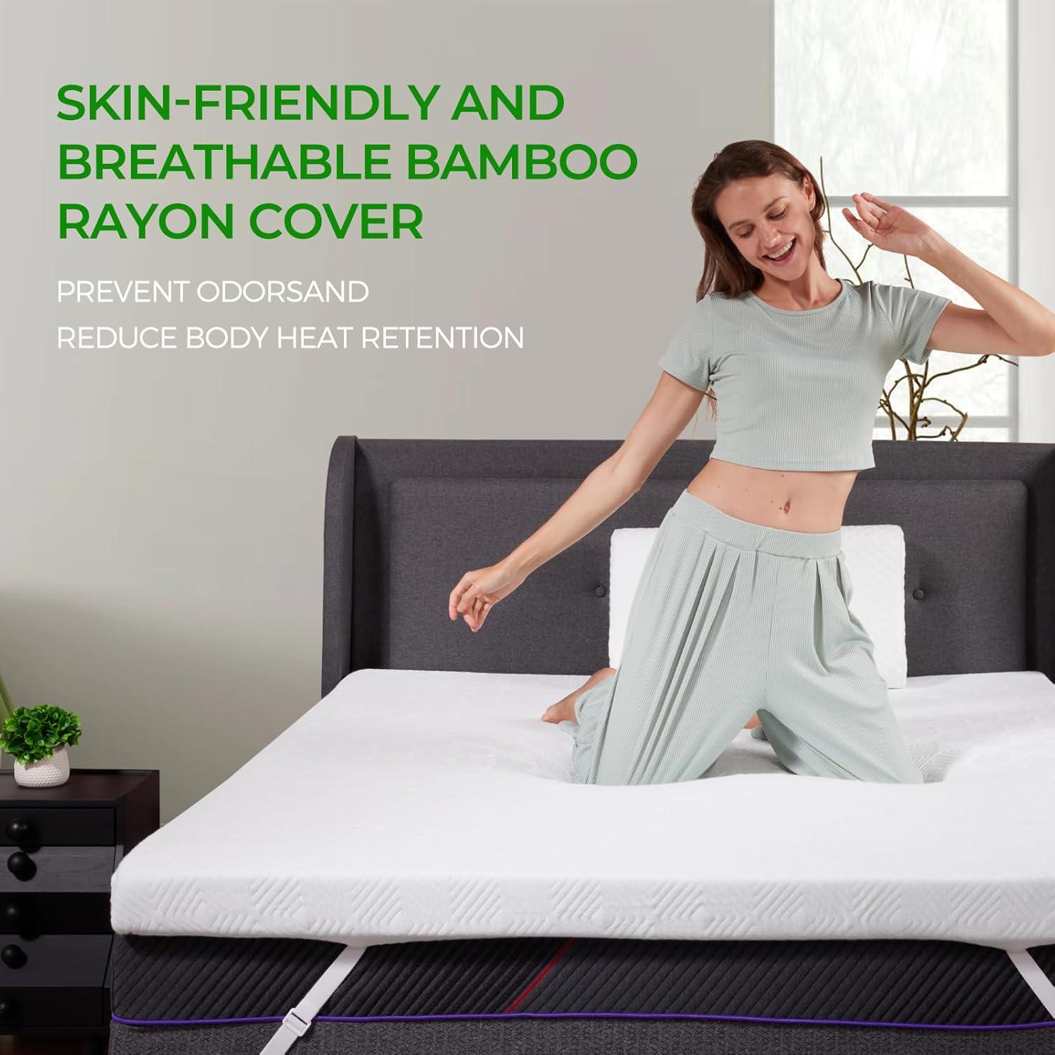 3 Inch Queen Memory Foam Mattress Topper, Bamboo Fiber Washable Cover, Gel Mattress Topper Pressure Relief Bed Topper, Adjustable Corner Straps, CertiPUR-US Certified