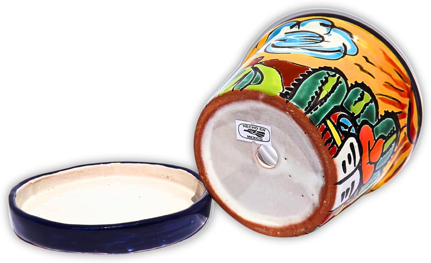 MEXTEQUIL 4" x 4" x 4" Round Yellow Ceramic Talavera Design Plant Pot with Drainage Holes