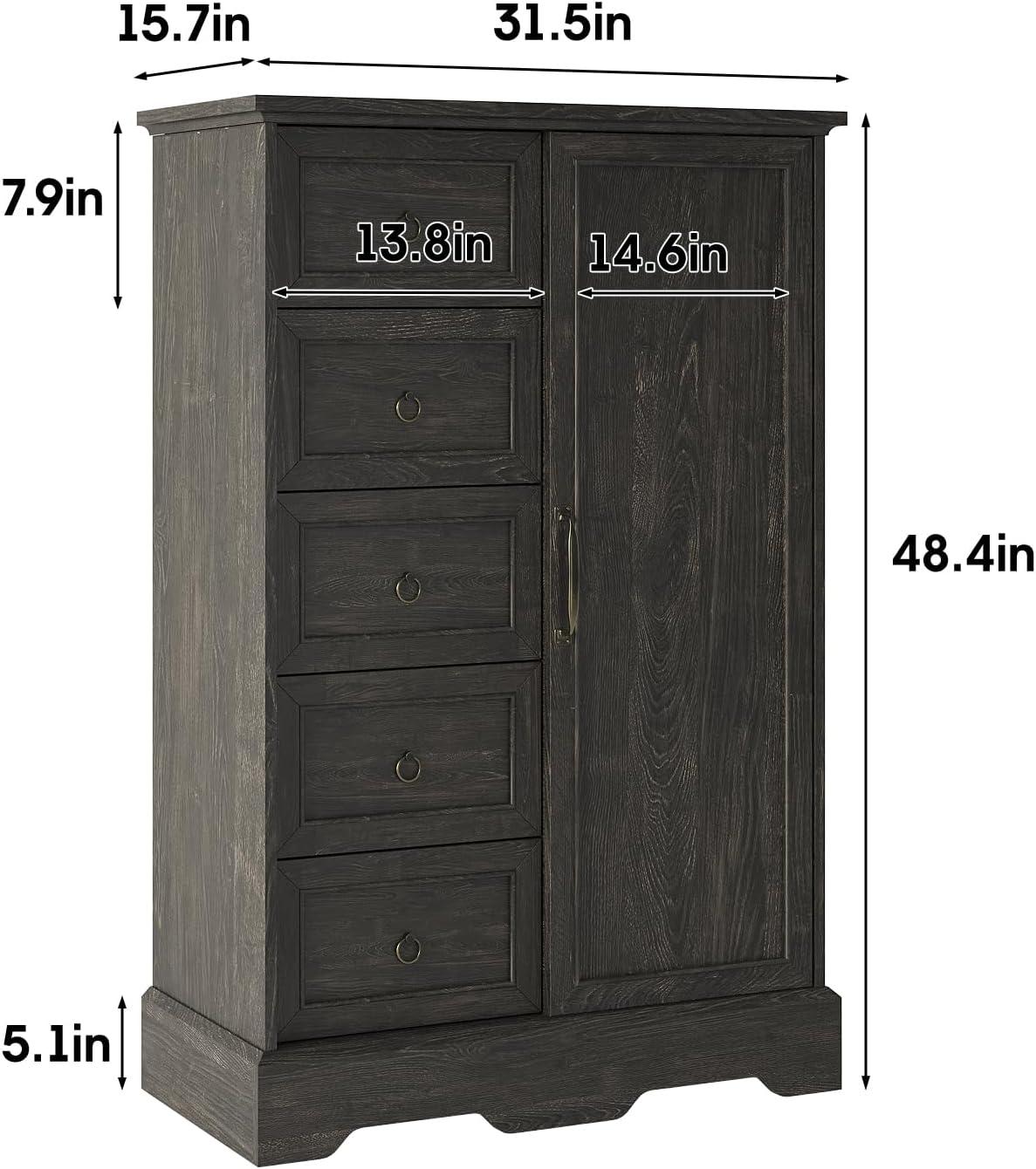 Gracie Oaks 5 Drawers Dresser With Cabinet, 48" Tall Chest, Wooden Closet Dresser With Sliding Barn Door For Living Room, Hallway