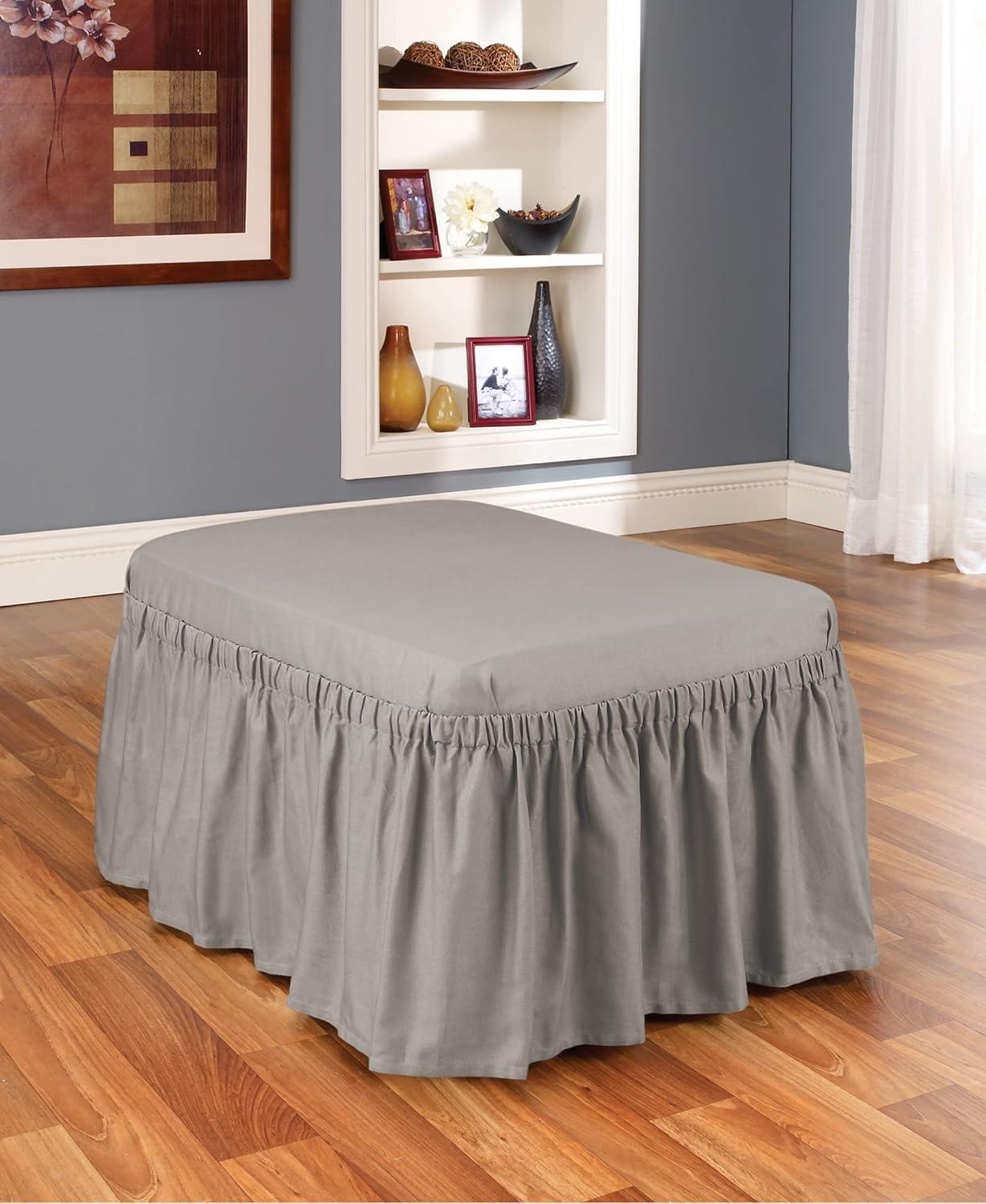 Gray Cotton Duck Ottoman Slipcover with Elastic Bottom