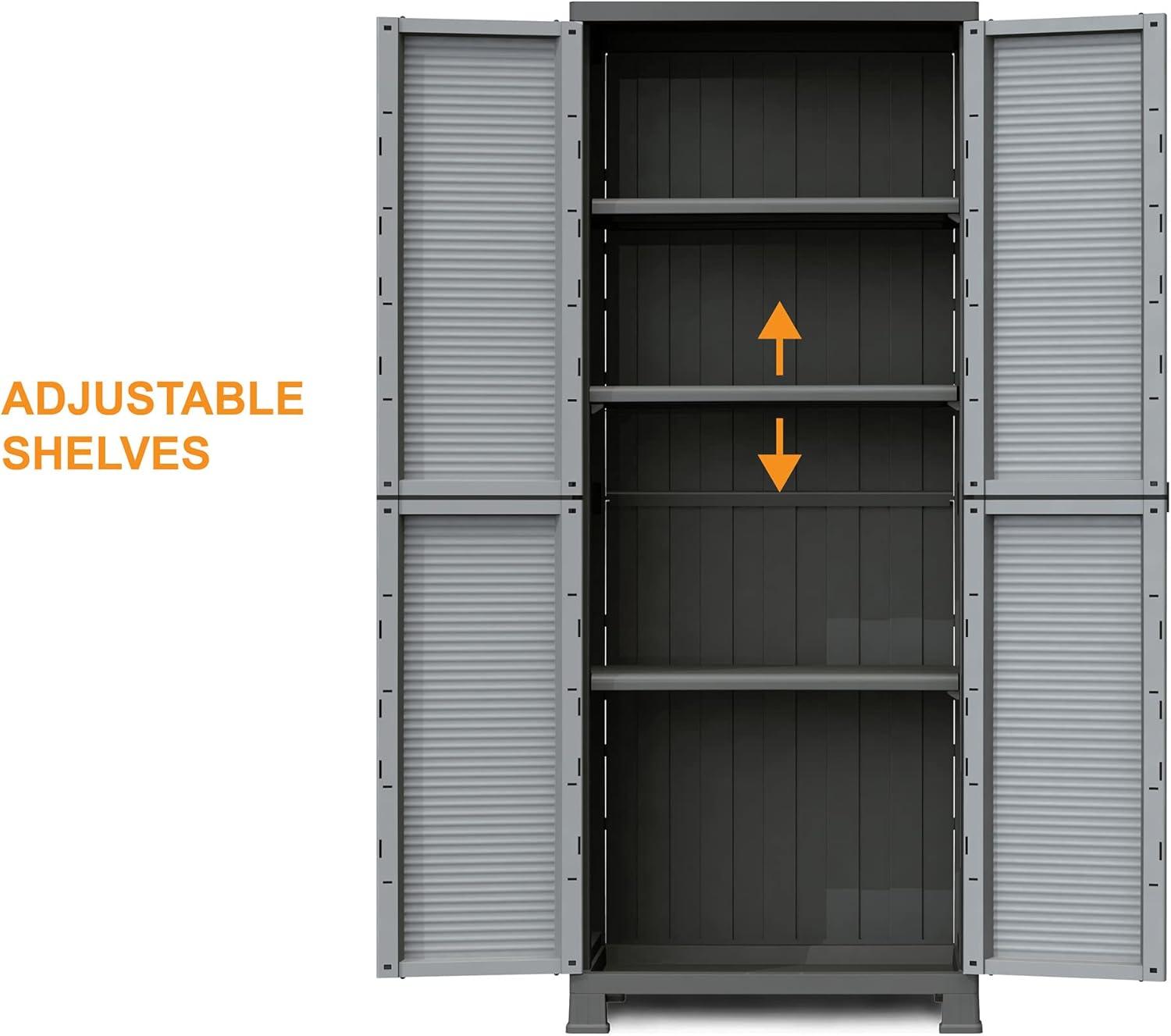 RAM Quality Products PRESTIGE UTILITY Indoor Outdoor Tool Storage Organizing Cabinet with Lockable Double Grey Doors