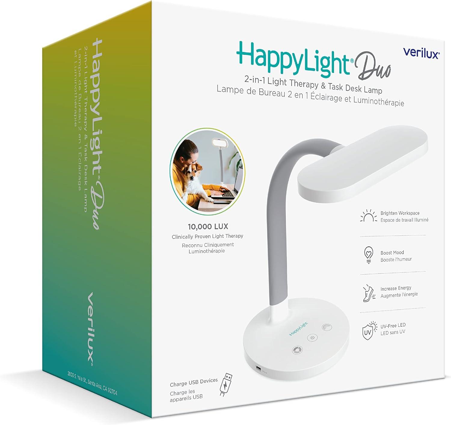 Verilux HappyLight Duo 2-in-1 Light Therapy and Task Desk Lamp White: Modern Design, USB Port, No Assembly Required