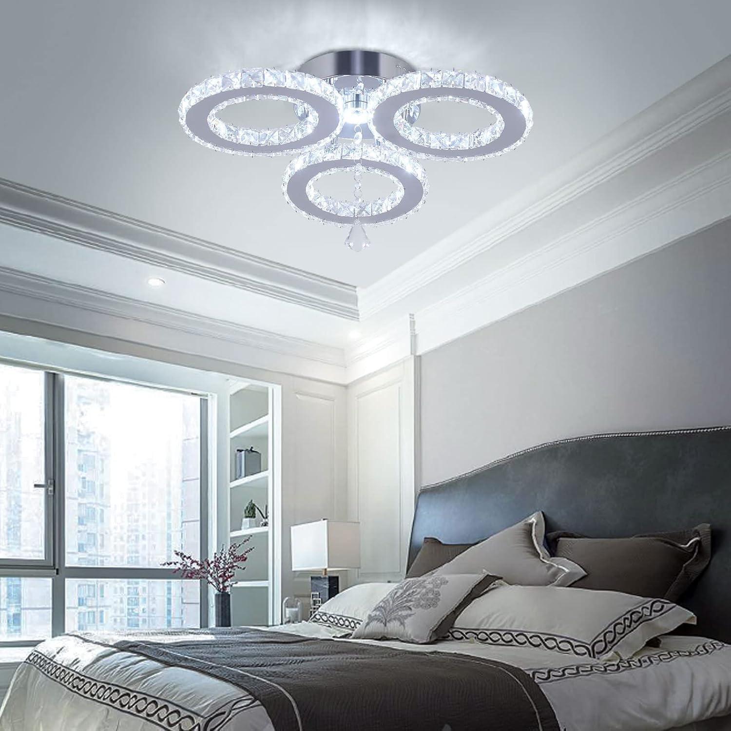 LED Crystal Pendant Ceiling Light 13x3.5 Inches 3 Rings Crystal Chandelier Flush Mount Lighting Fixture for Bedroom Hobby Living Room (Cool White)