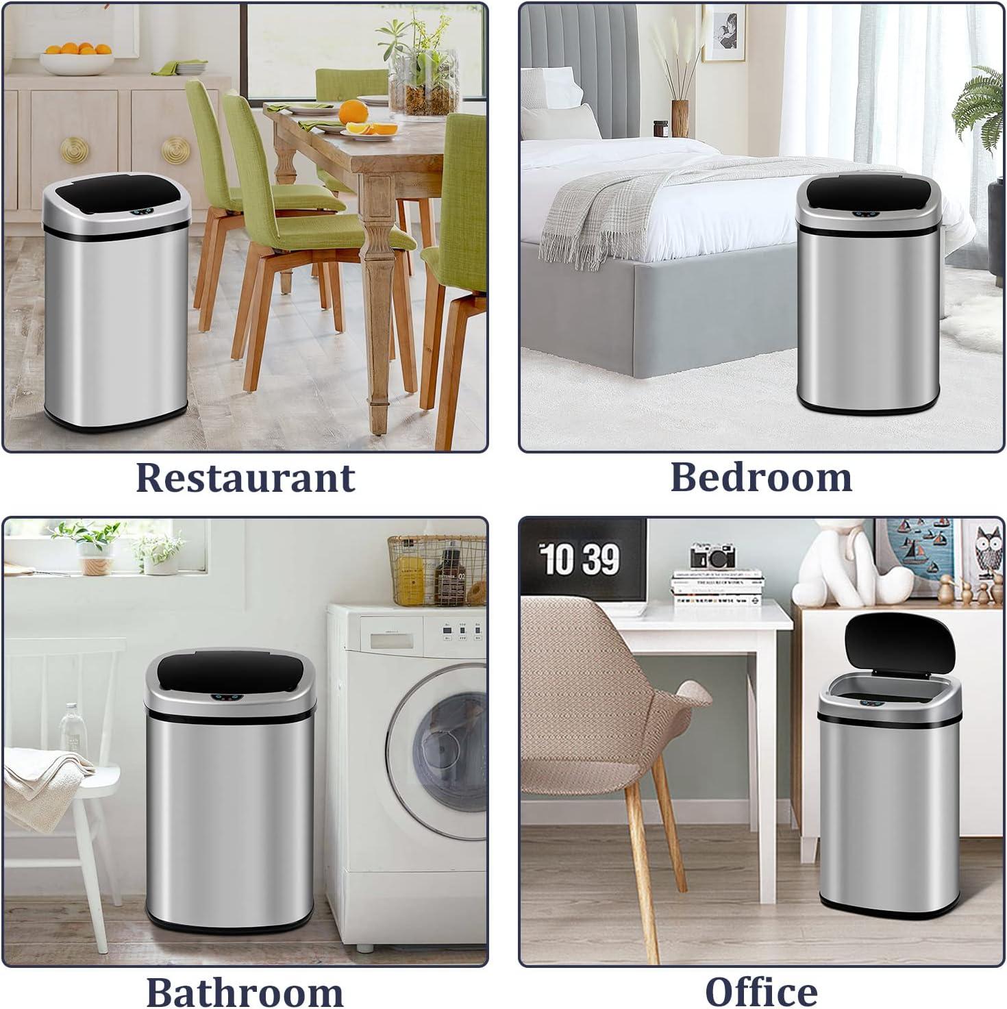 Stainless Steel Kitchen Trash Can - 13 Gallon Automatic Touch Free Garbage Can with Lid, High Capacity Electronic Touchless Sensor Trash Bin, Silver