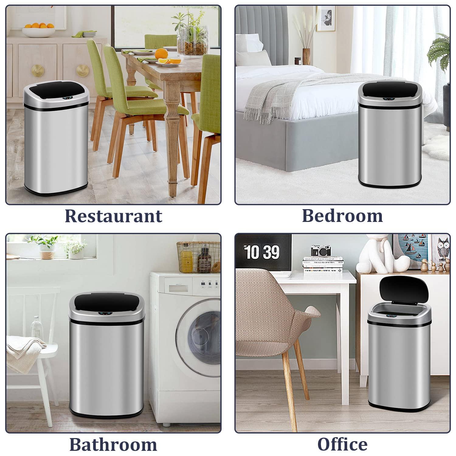 Stainless Steel Kitchen Trash Can - 13 Gallon Automatic Touch Free Garbage Can with Lid, High Capacity Electronic Touchless Sensor Trash Bin, Silver