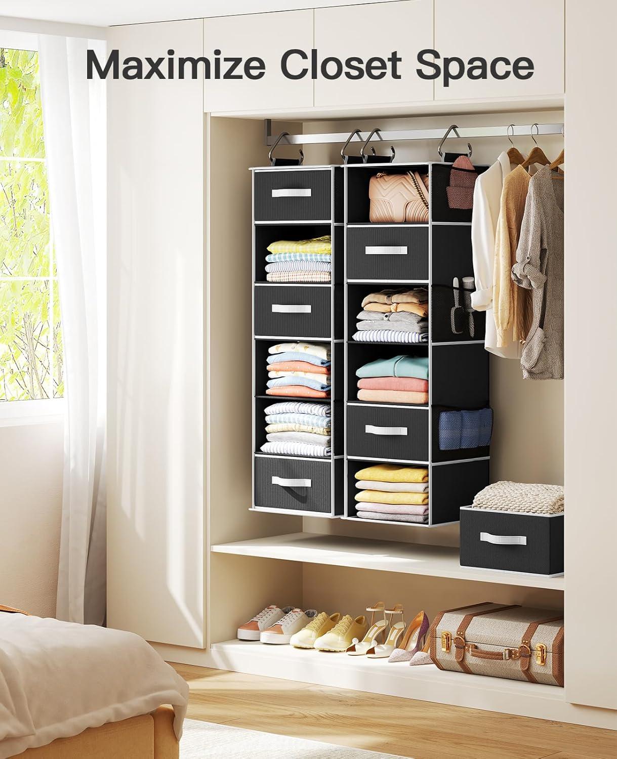 Rebrilliant Hanging Closet Organizer 6-Shelf with 3 Removable Drawers & Side Pockets