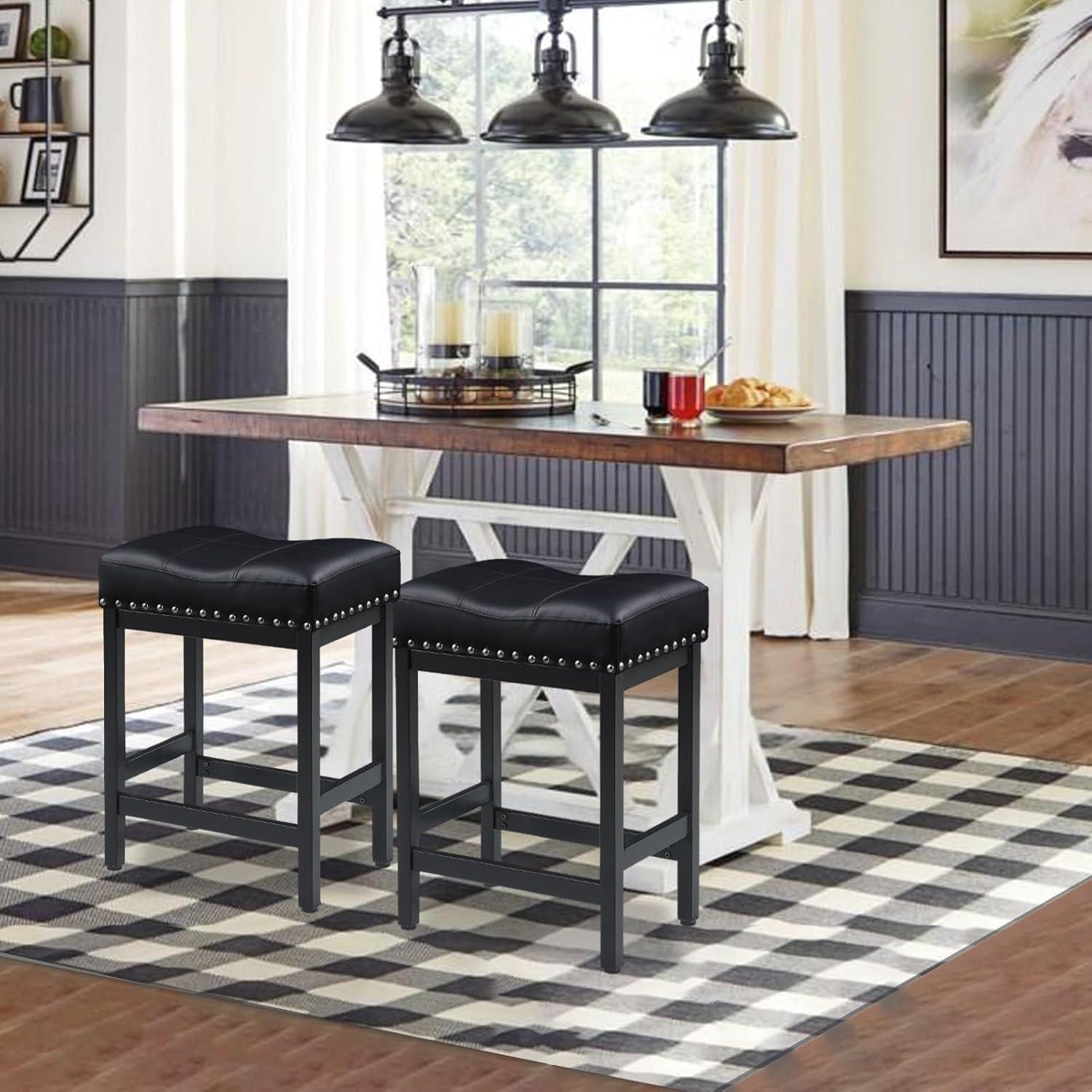 edx Bar Stools Set of 4, Modern Counter Height, 24 Inch Kitchen Barstools with Metal Base, PU Leather Saddle Seats for Kitchen Island, Black