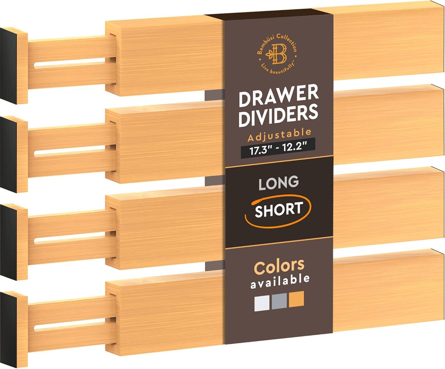 Bamboo Adjustable Drawer Dividers Organizers - Large Expandable Utensil Organizer Separators for Kitchen, Dresser, Bedroom, Baby Drawer, Bathroom & Office, Set of 4 (2.6 Tall, 13-17.5 Inch)