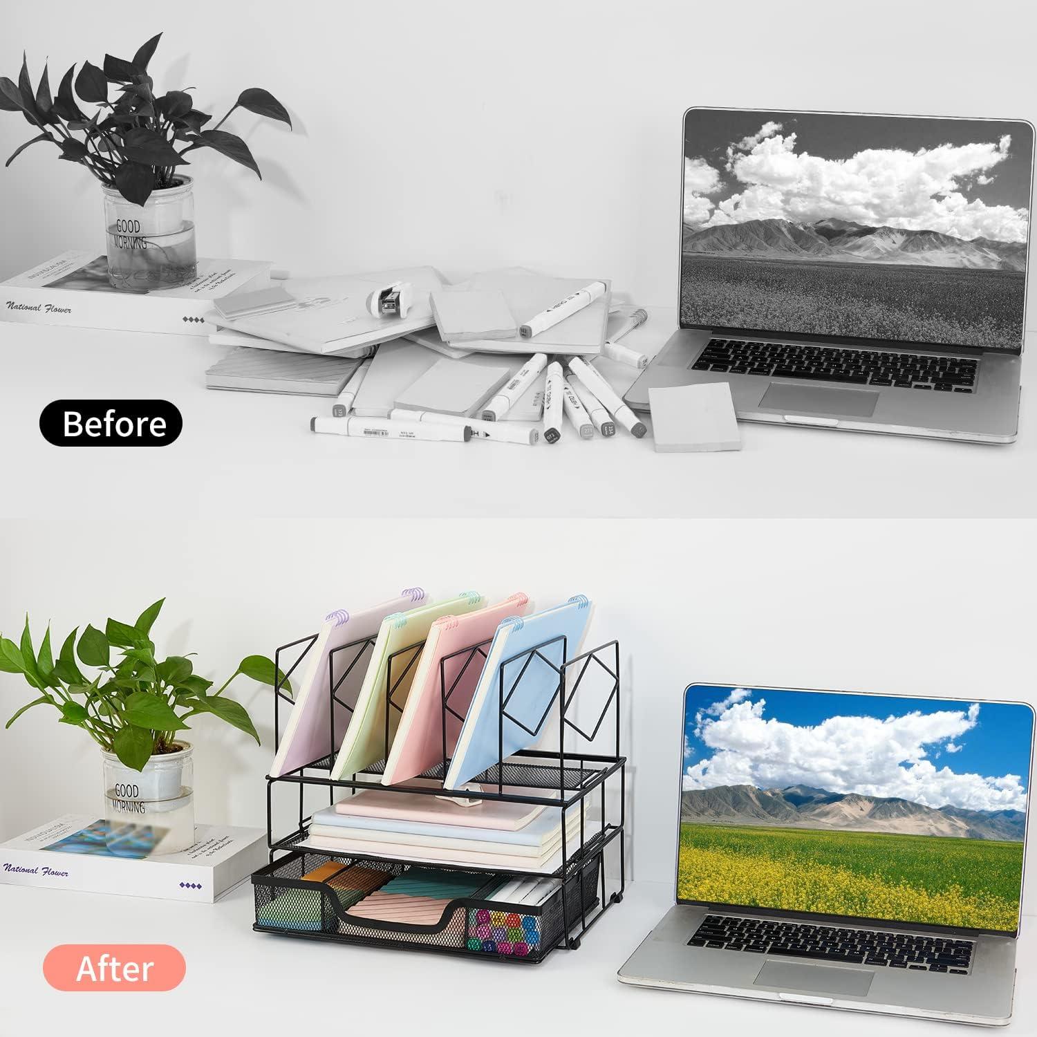 Black Metal Multifunctional Desk Organizer with Double Tray and 5 Upright Sections