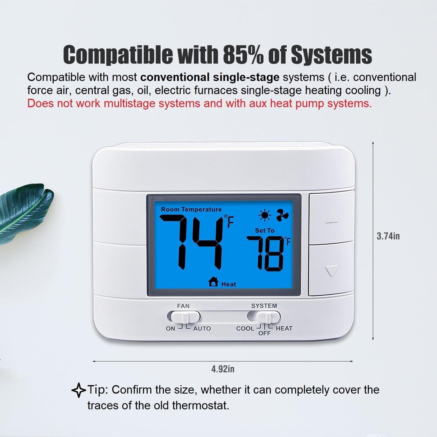 Non Programmable Thermostat for Home 1 Heat/ 1 Cool Single-Stage System, with Room Temperature Monitor (LCD White Backlit Screen)