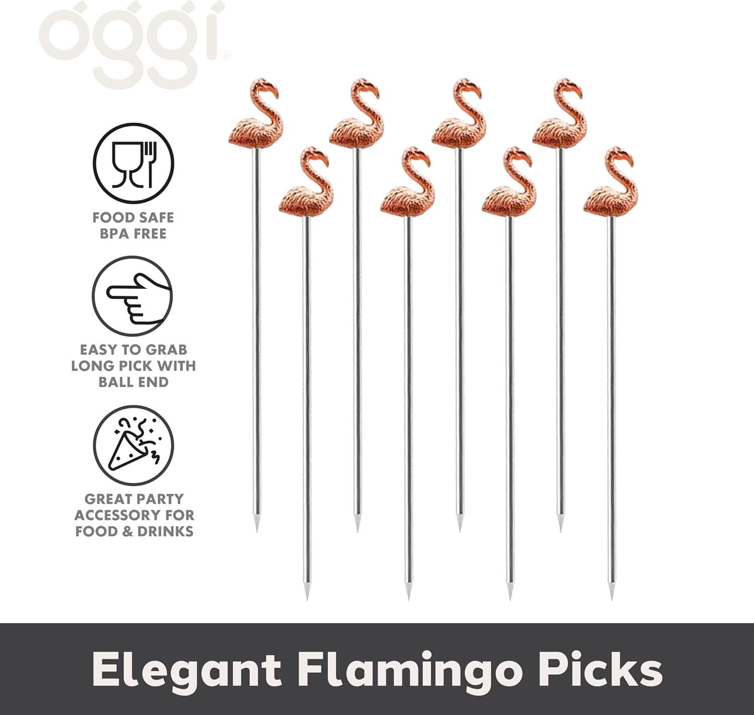 Rose Gold Flamingo Handle Stainless Steel Cocktail Picks, Set of 8