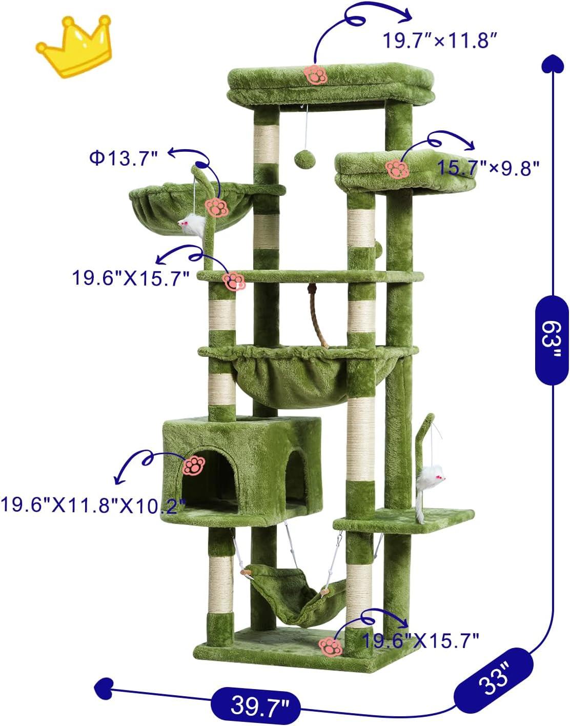 63" Cat Tree For Large Breeds - Spacious Platforms, Hammock, Sisal Scratching Posts & Cat Condo, Indoor Use