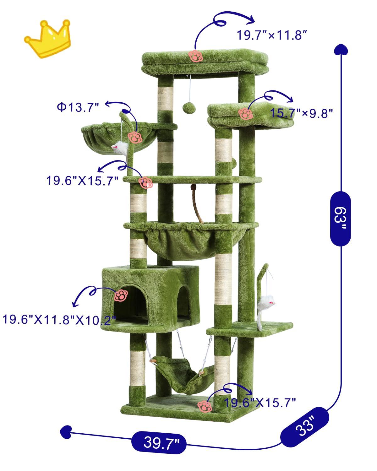 Tucker Murphy Pet™ 63" Cat Tree For Large Breeds - Spacious Platforms, Hammock, Sisal Scratching Posts & Cat Condo, Indoor Use