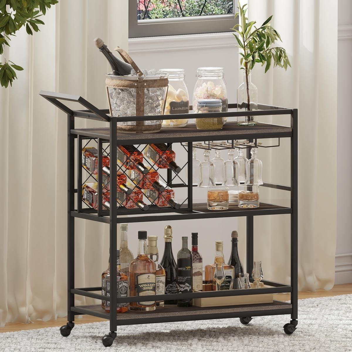 Rustic Brown 3-Tier Bar Cart with Wine Rack and Glass Holders