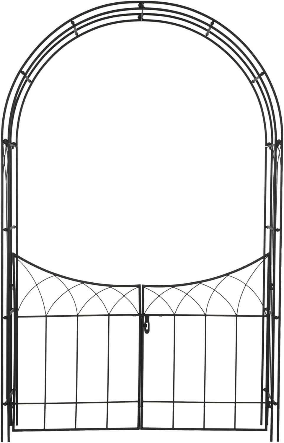 Large Black Matte Iron Arched Garden Arbor with Gate