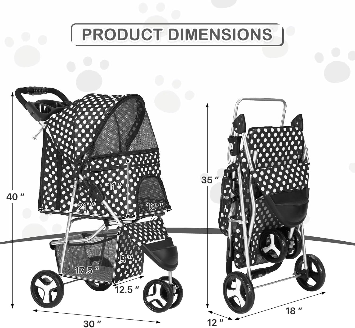 Black and White Polka Dot Foldable Dog Stroller with Storage