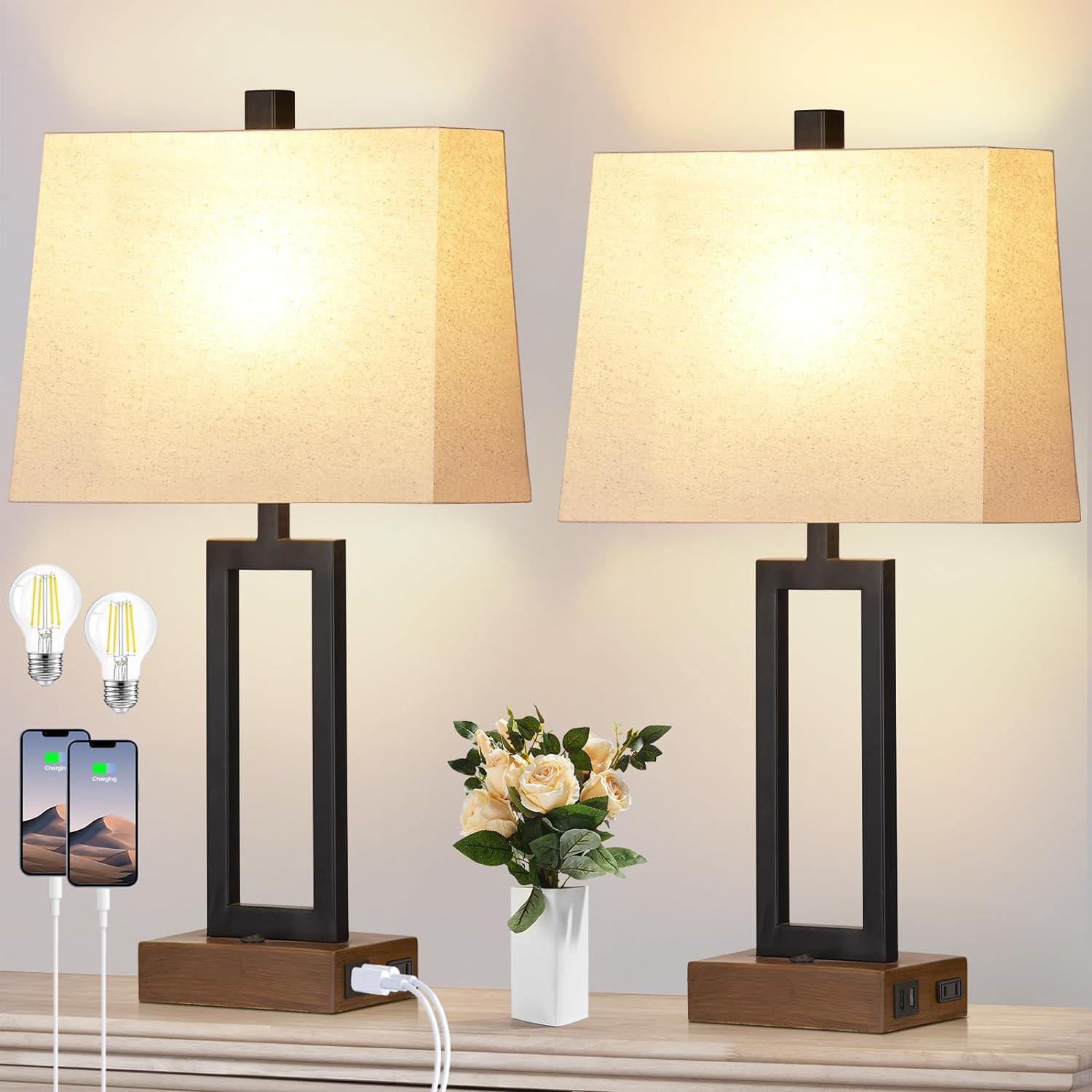 23.5'' Black Metal Table Lamps with Linen Shades and USB Ports, Set of 2