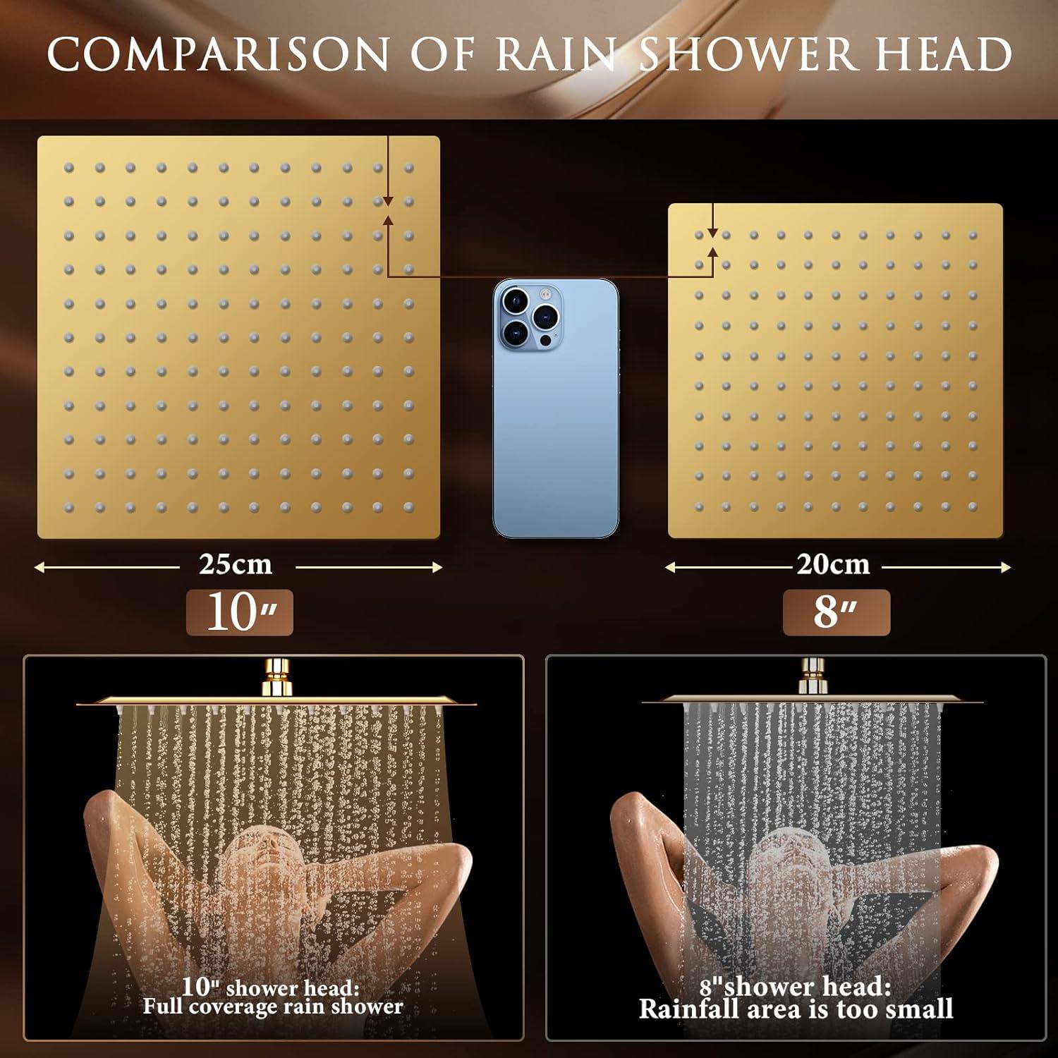 Gold 10" Square Rainfall Shower Head with Handheld Combo