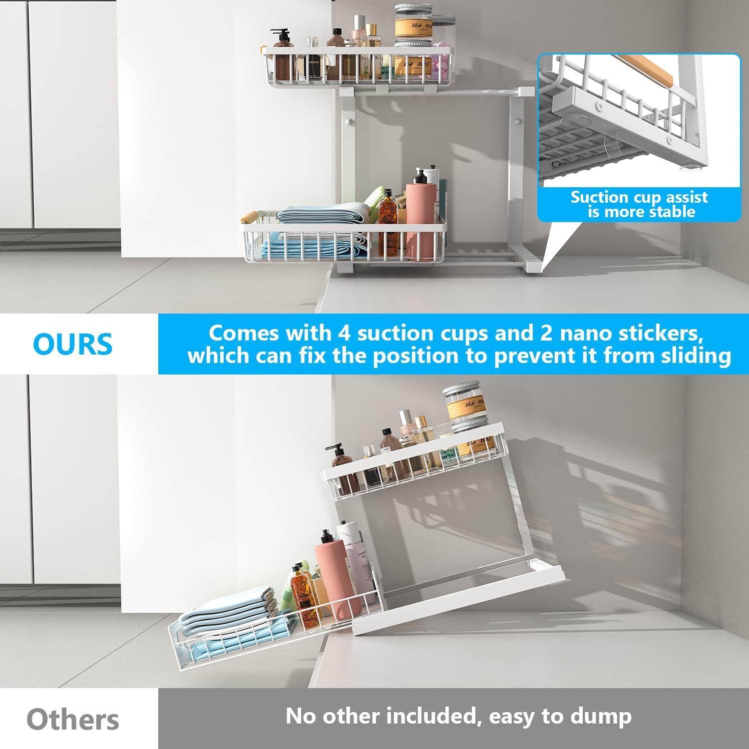 Under Sink Organizers, 2 Pack Metal Pull Out Under Sink Organizers and Storage Shelves with Sliding Drawer, Under Sink Storage for Kitchen, Bathroom, White, 2 Pack…