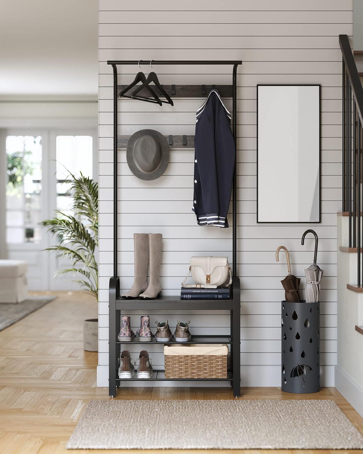 Charcoal Gray and Black Hall Tree with Bench and Hooks