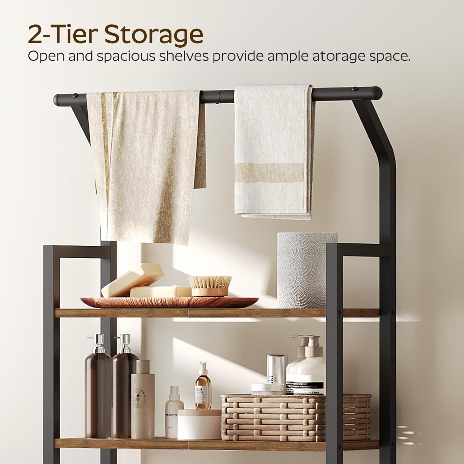 Over The Toilet Storage, 2-Tier Bathroom Organizer Shelves with Hooks, Multifunctional Vertical The Toilet Shelf Storage Rack for Bathroom, Rustic Brown and Black TR01BR