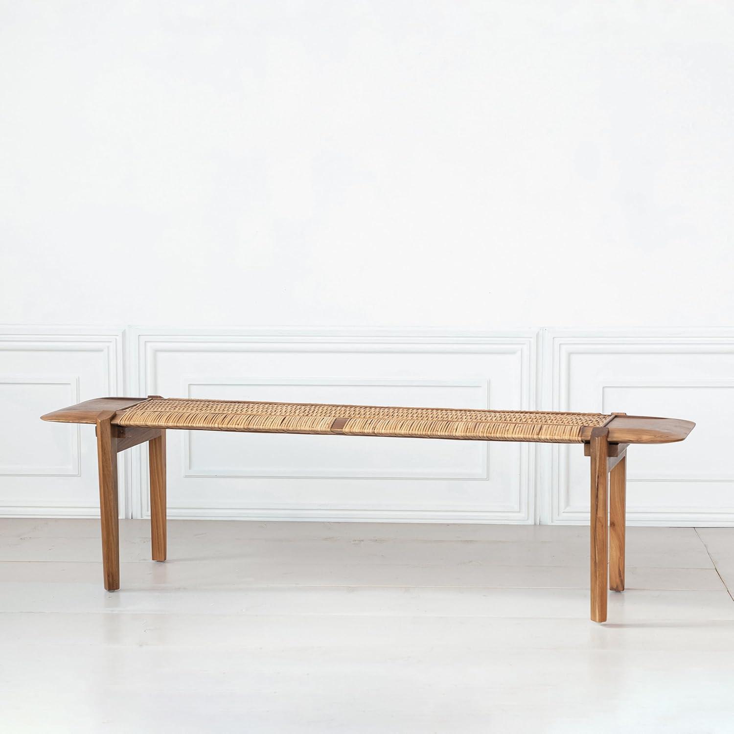 Creative Co-Op Long Teakwood and Rattan Bench, Natural