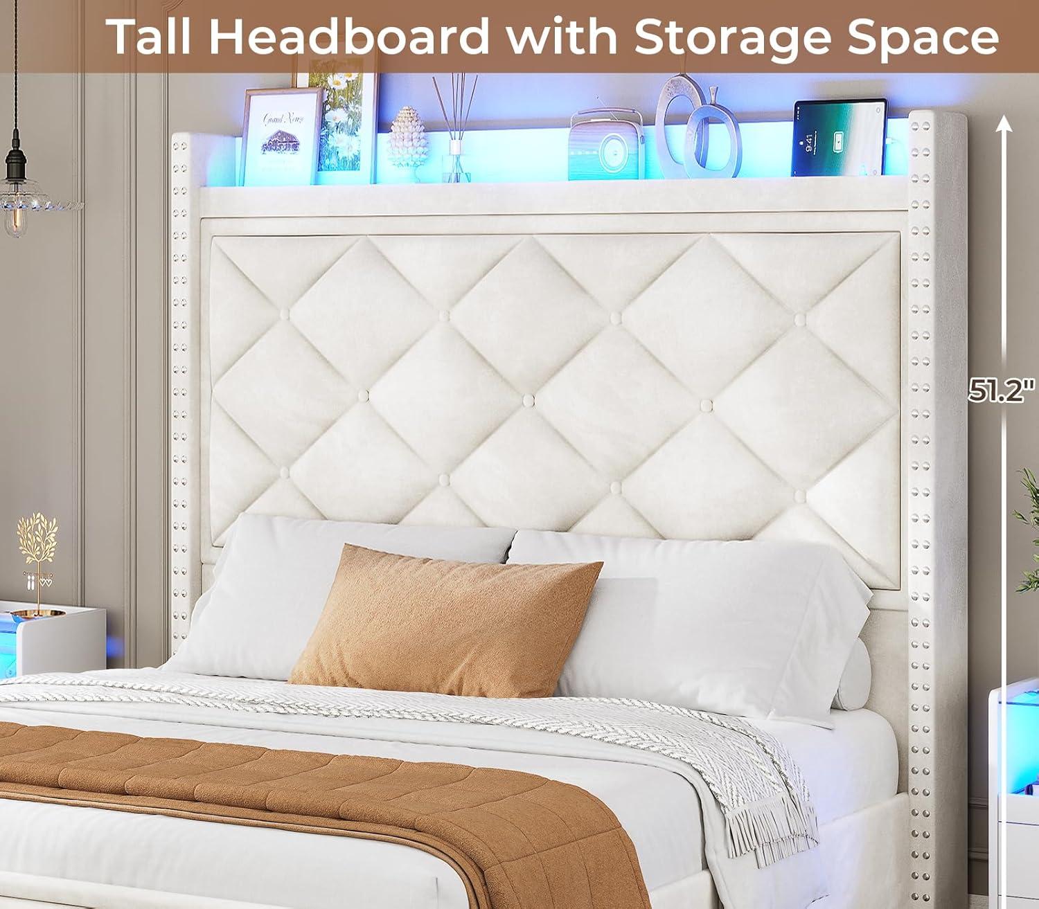 Beige Velvet Queen Bed Frame with Tall Lighted Headboard and Storage