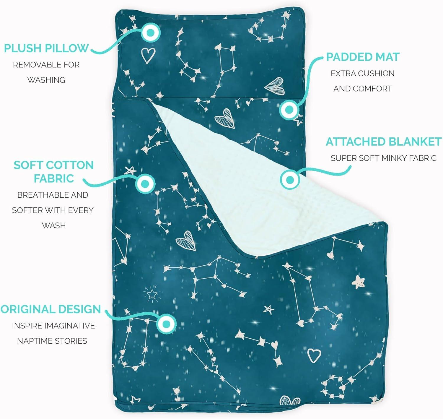 Toddler Nap Mat - Sleeping Bag for Kids with Removable Pillow and Ultra Soft Blanket for Preschool, Daycare, and Sleepovers - Night Sky