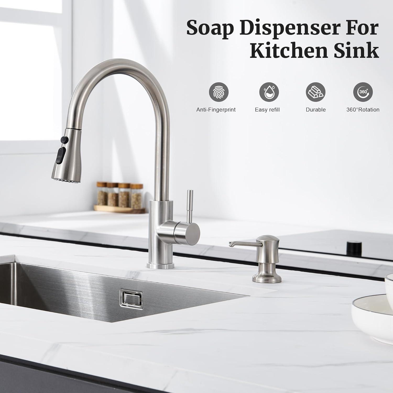 Soap Dispenser for Kitchen Sink Brushed Nickel, Built-in and Refill-from-Top Design with Liquid Hand & Dish Soap Bottle