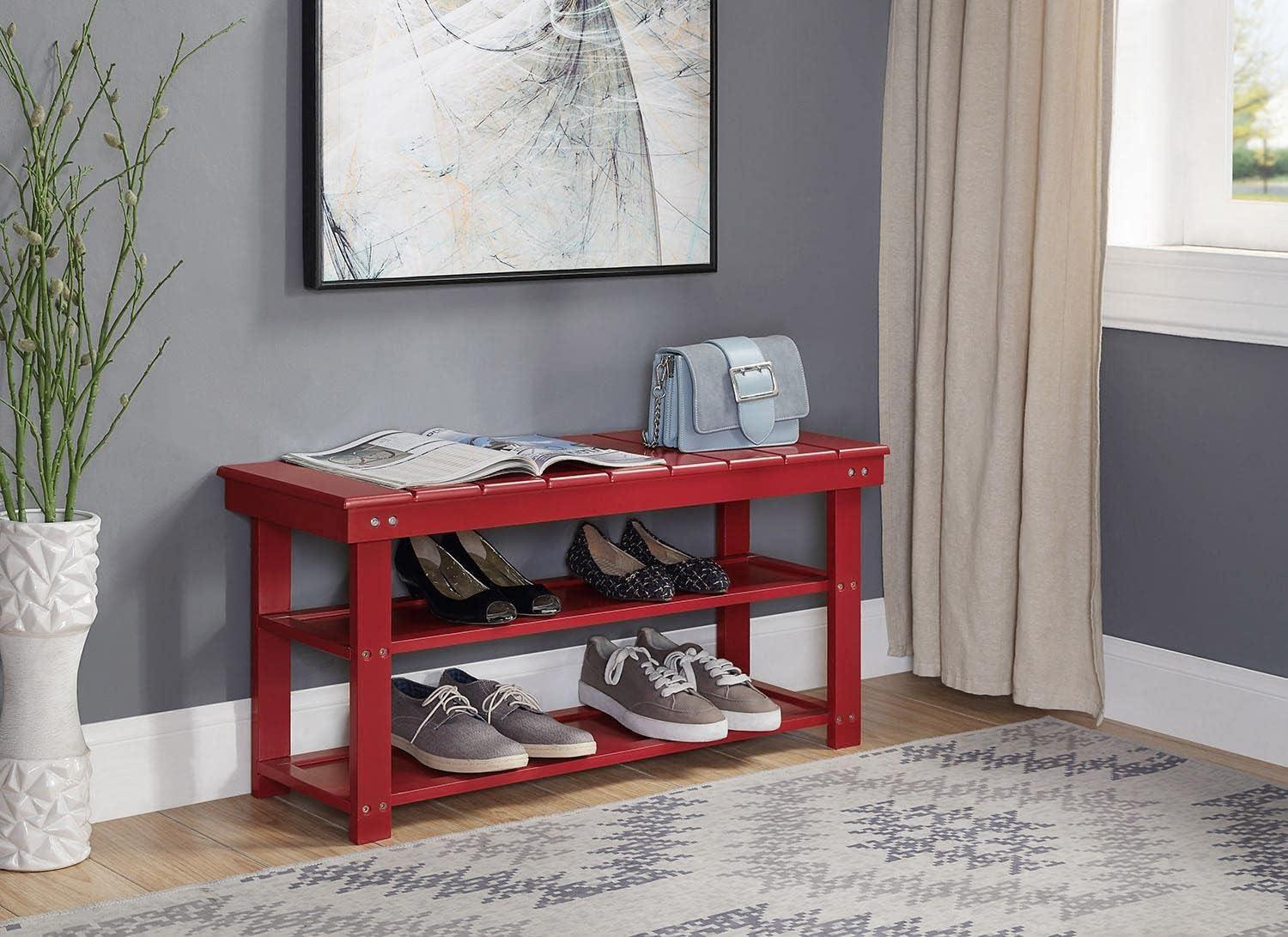 Cranberry Red Contemporary Mudroom Bench with Storage Shelves