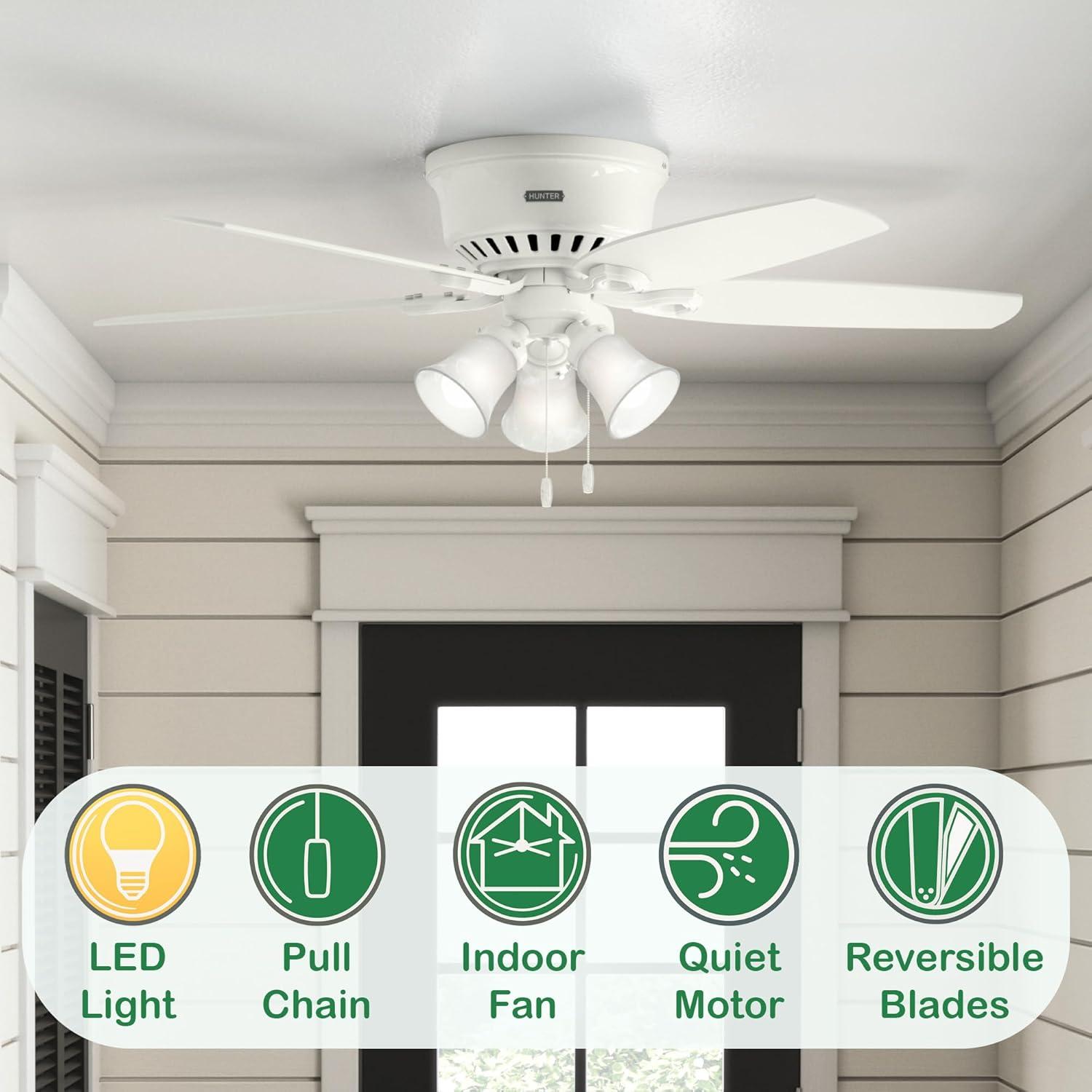 42" Builder Low Profile Ceiling Fan (Includes LED Light Bulb) White - Hunter Fan: 5-Blade, Reversible Motor, Flush Mount