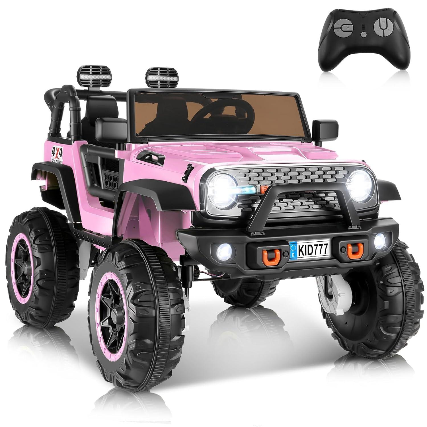 Electric Ride On Car, 24V 2 Seats for Kids, with Remote Control, 4WD Spring Suspension, 2 Speeds, Music, for 3+,Pink