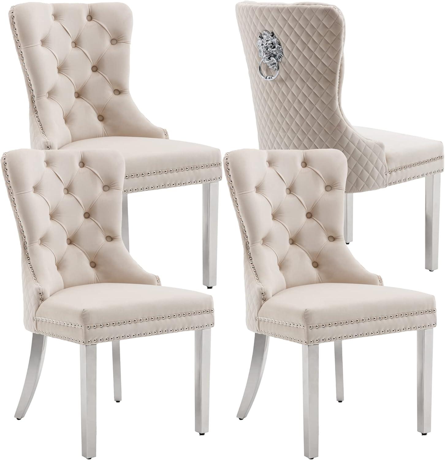 ODUSE-DAILY Beige Velvet Dining Chairs Set of 4, Kitchen & Dining Room Chairs, Tufted Dining Chairs, FabricUpholstered, Solid Wood, Sillas De Comedor (Beige, 4 Pcs)