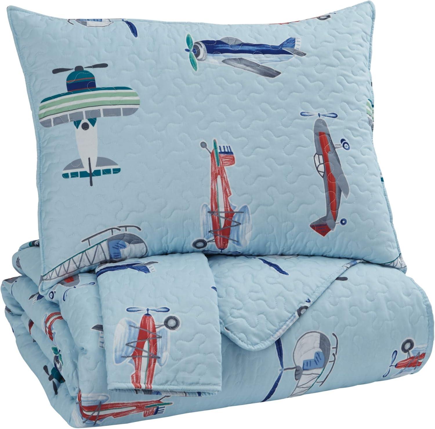 Blue Airplane Microfiber Full Quilt Set for Kids