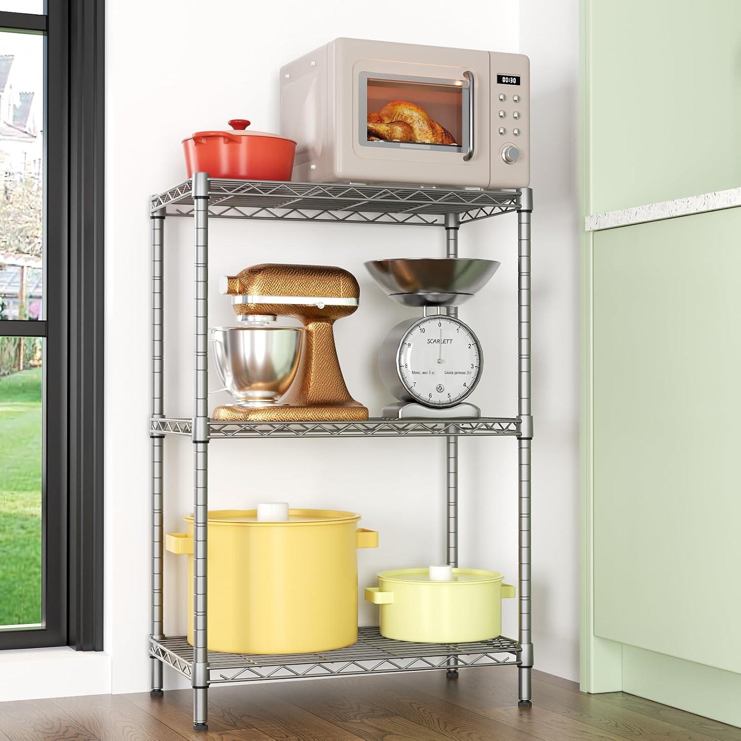 Adjustable Silver Carbon Steel 3-Tier Wire Shelving Unit