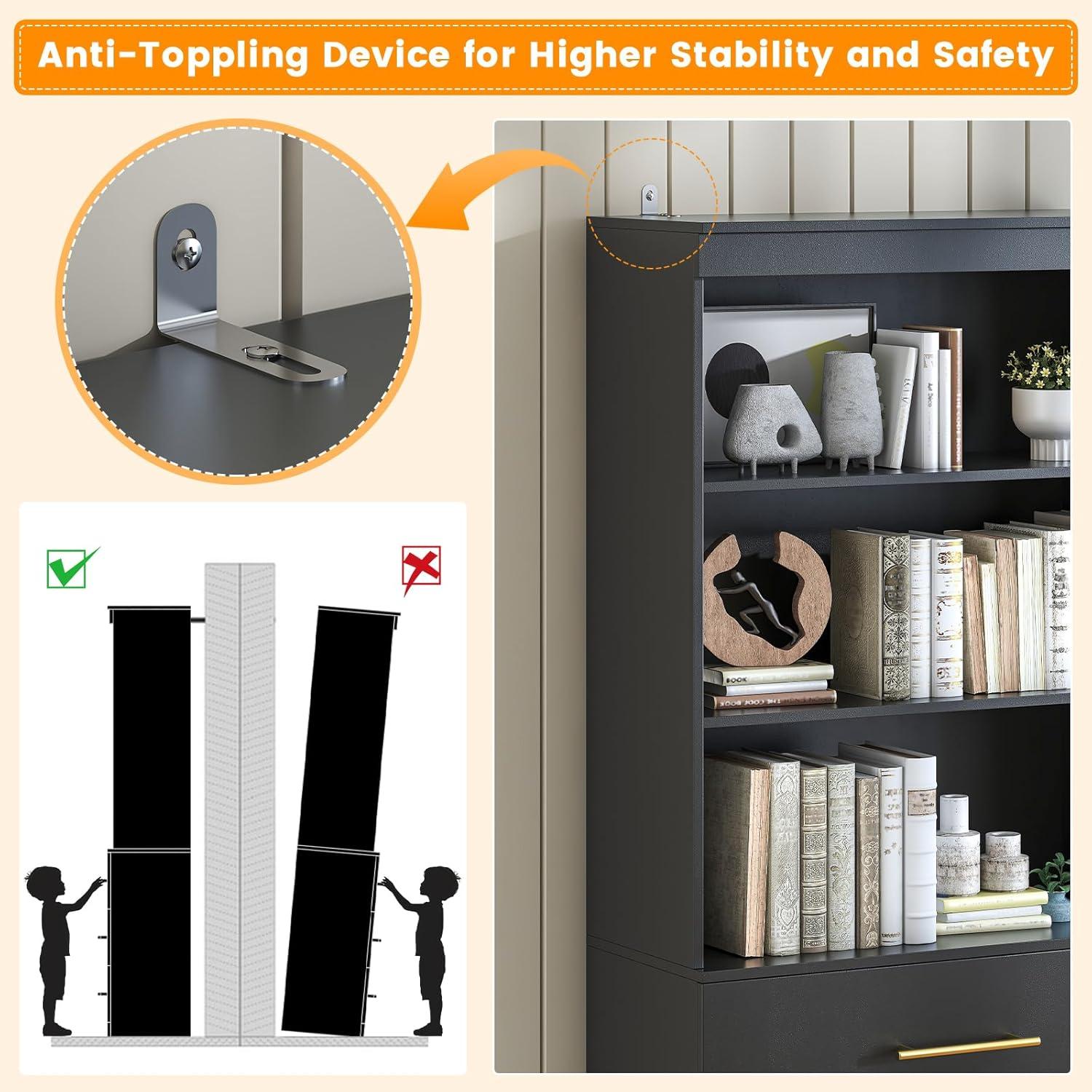 Winkalon 71" H Black Bookshelf with Drawers, Bookshelf and Bookcase with 3-Tier Open Shelves, Tall Bookcase Tall Storage Cabinet for Home Office