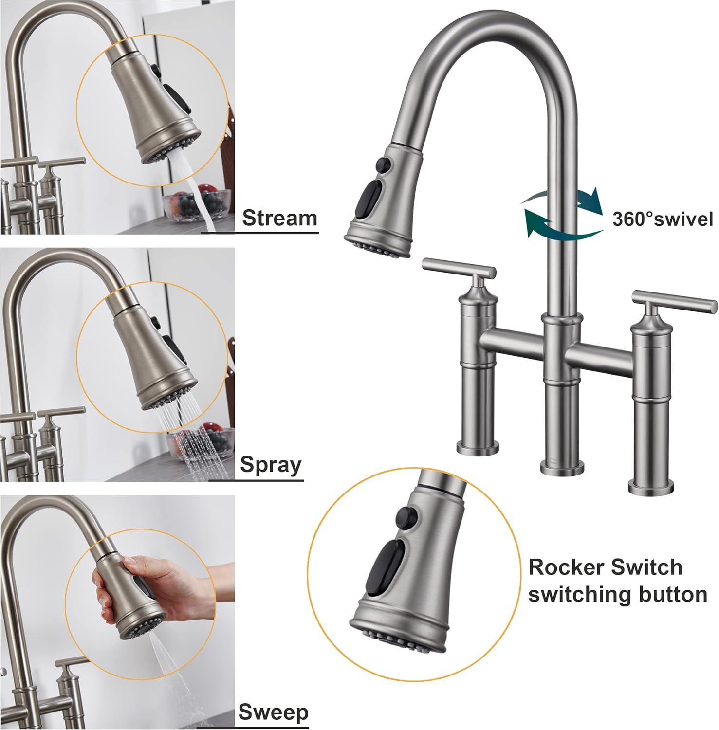 Brushed Nickel Double Handle Bridge Faucet with Pull-Down Sprayer