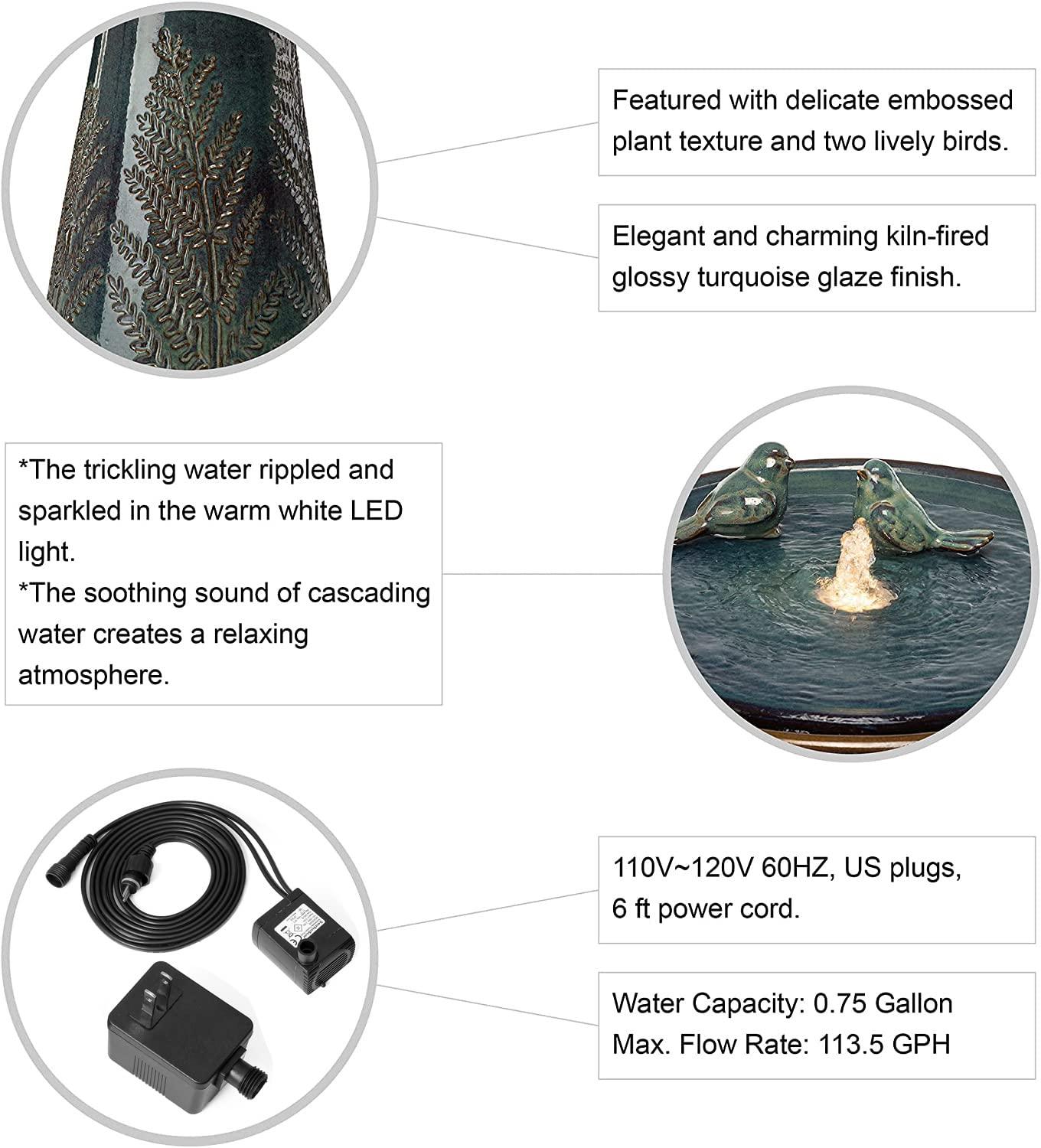 Glitzhome 27.5" Fountain with Pump and LED Light Embossed Pedestal Ceramic Bird Bath, Turquoise