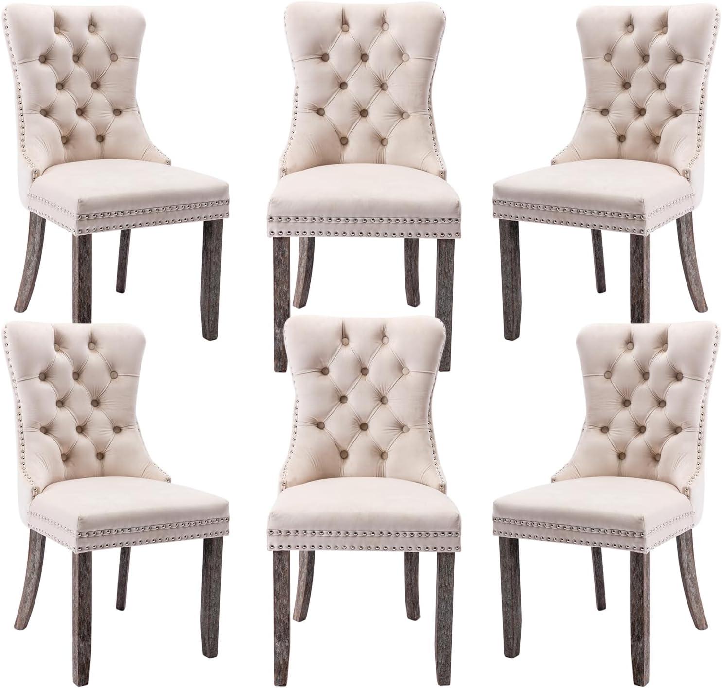 Tzicr Tufted Dining Chairs Set of 6, Upholstered Dining Chairs with Nailhead Back, Nailhead Trim, Velvet Dining Chairs for Kitchen/Bedroom/Dining Room(Beige)