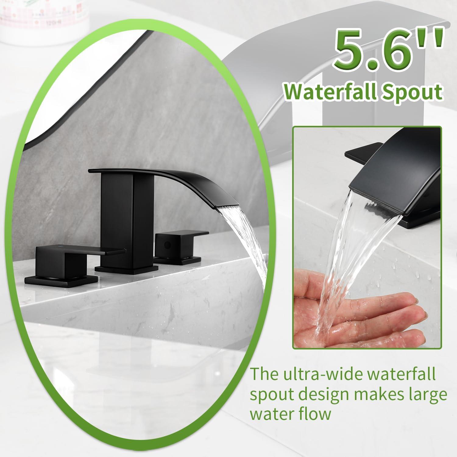 Matte Black Modern Waterfall 3-Piece Bathroom Faucet Set