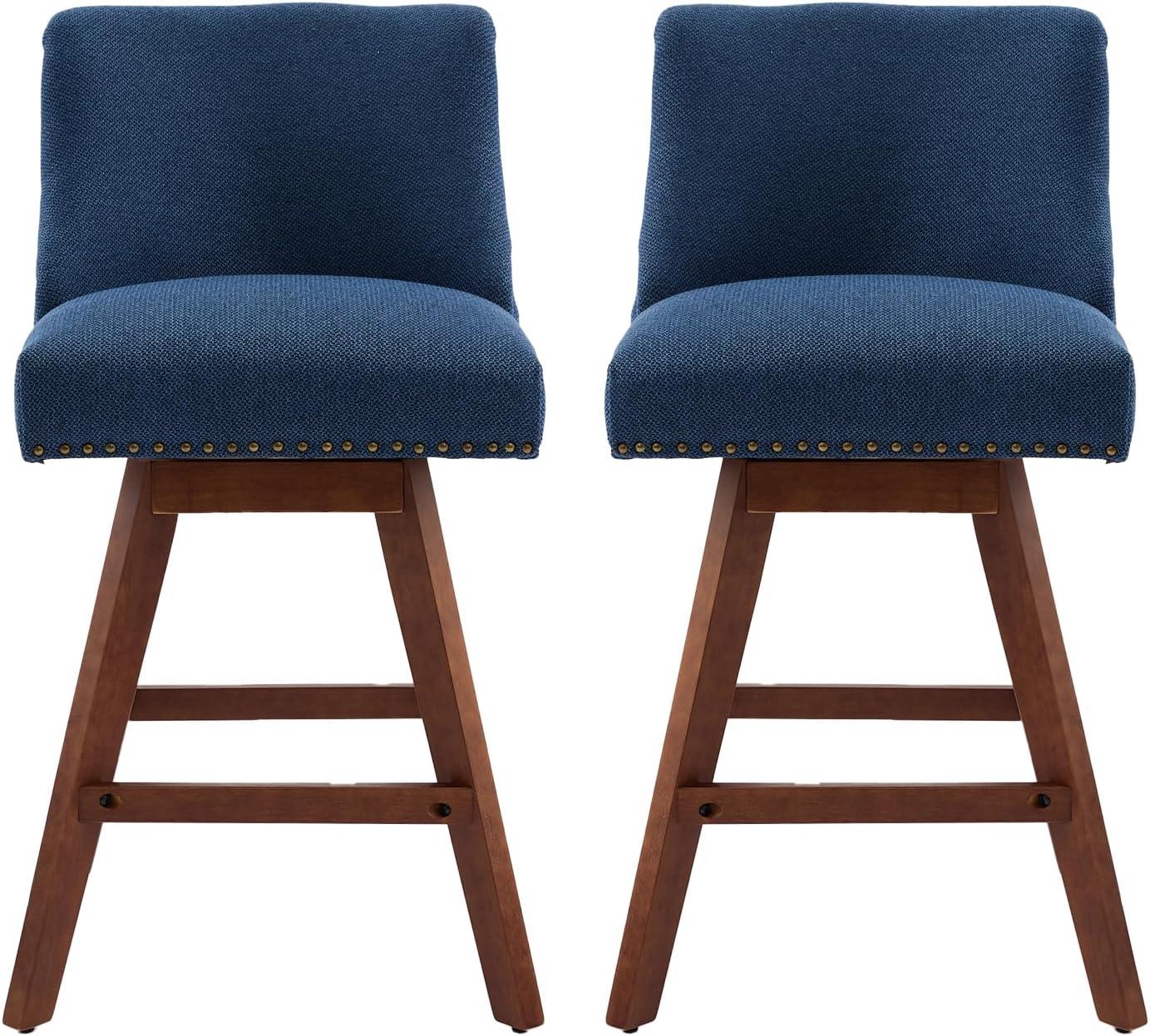 26" Swivel Bar Stools Set of 2, Modern Linen Fabric Counter Stools with Backs and Nail Head Design, Upholstered Barstools with Wood Frame for Kitchen Island, Beige