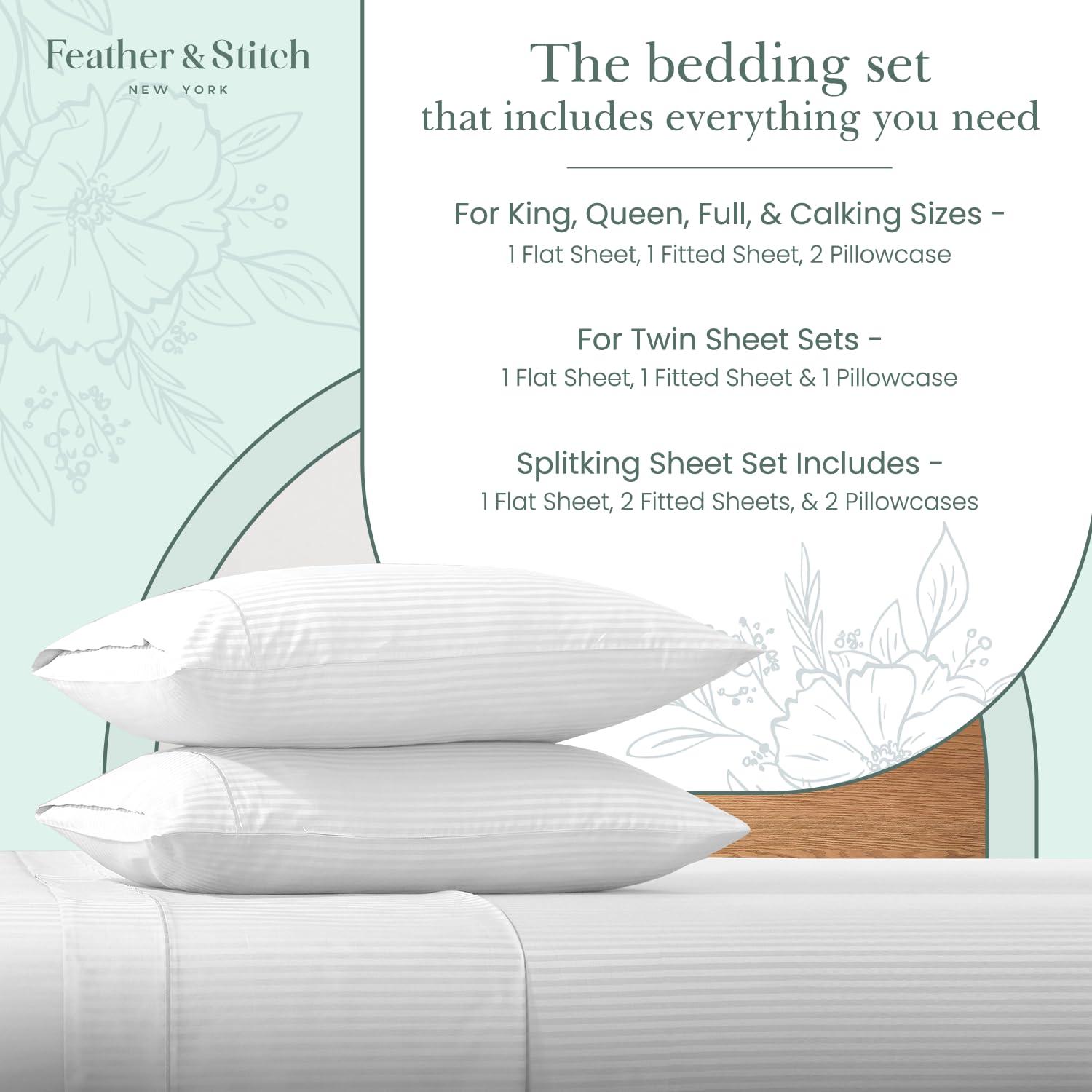Feather & Stitch 500 TC Queen Size Damask Bed Sheet Set, 100% Cotton Soft Breathable Bedsheets, 4 Piece 18" Deep Pockets Sateen Weave Striped Bedding Mattress Resort Hotel Luxury- (Solid White, Queen)