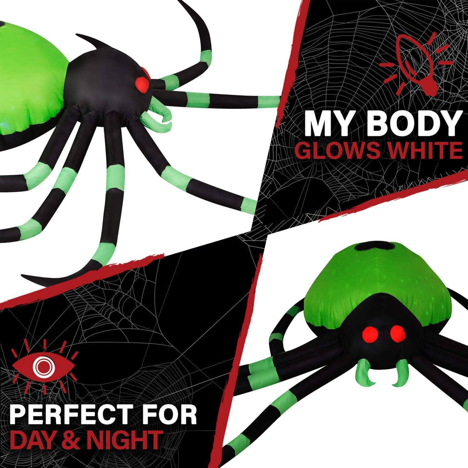 Giant 6.5-ft Green and Black Inflatable Spider with LED Lights