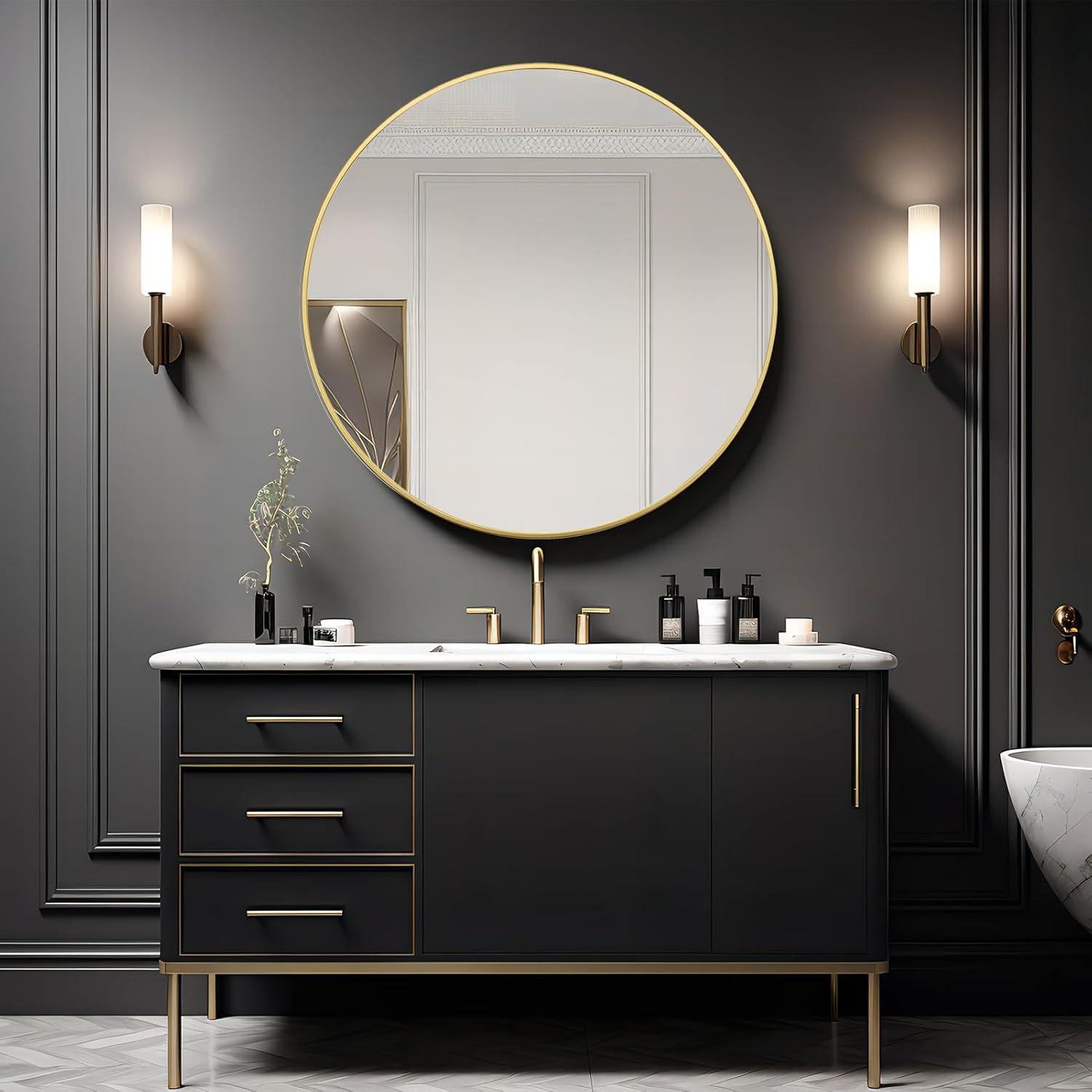 Gold 24 Inch Round Mirror - Bathroom & Wall Decor for Living Room, Entry Way, Bedroom - Metal Framed