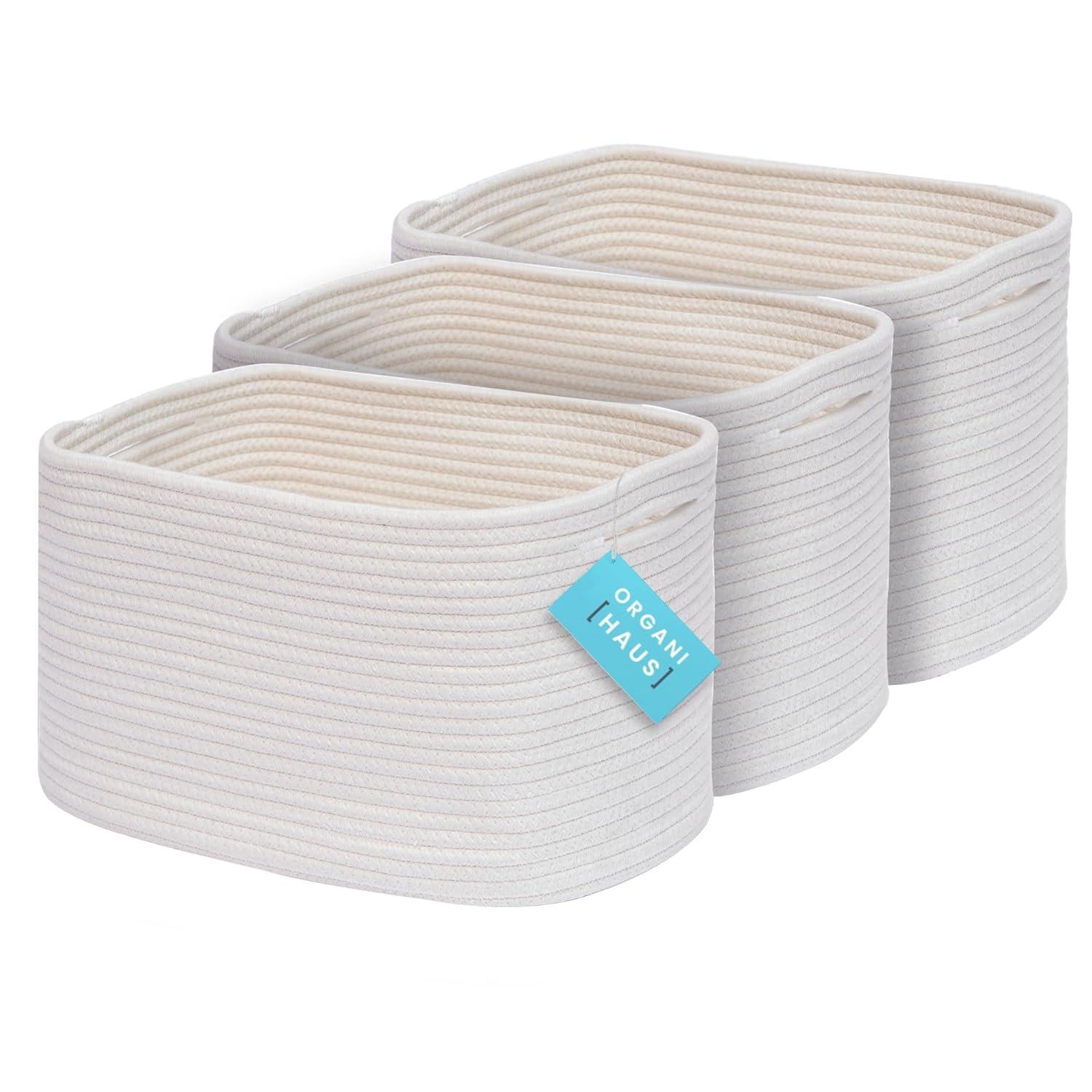 OrganiHaus Set of 3 White Woven Baskets for Organizing | Cotton Rope Basket for Decor | Shoe Basket Organizers & Storage | Decorative Storage Baskets & Bins | Cute Storage Basket for Toys & Cloths